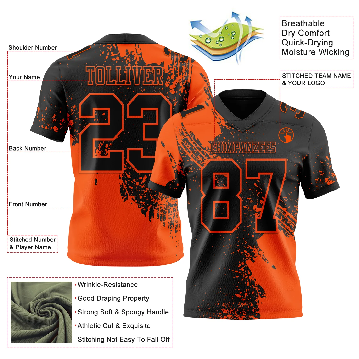 Custom Black Orange 3D Pattern Abstract Brush Stroke Authentic Football Jersey