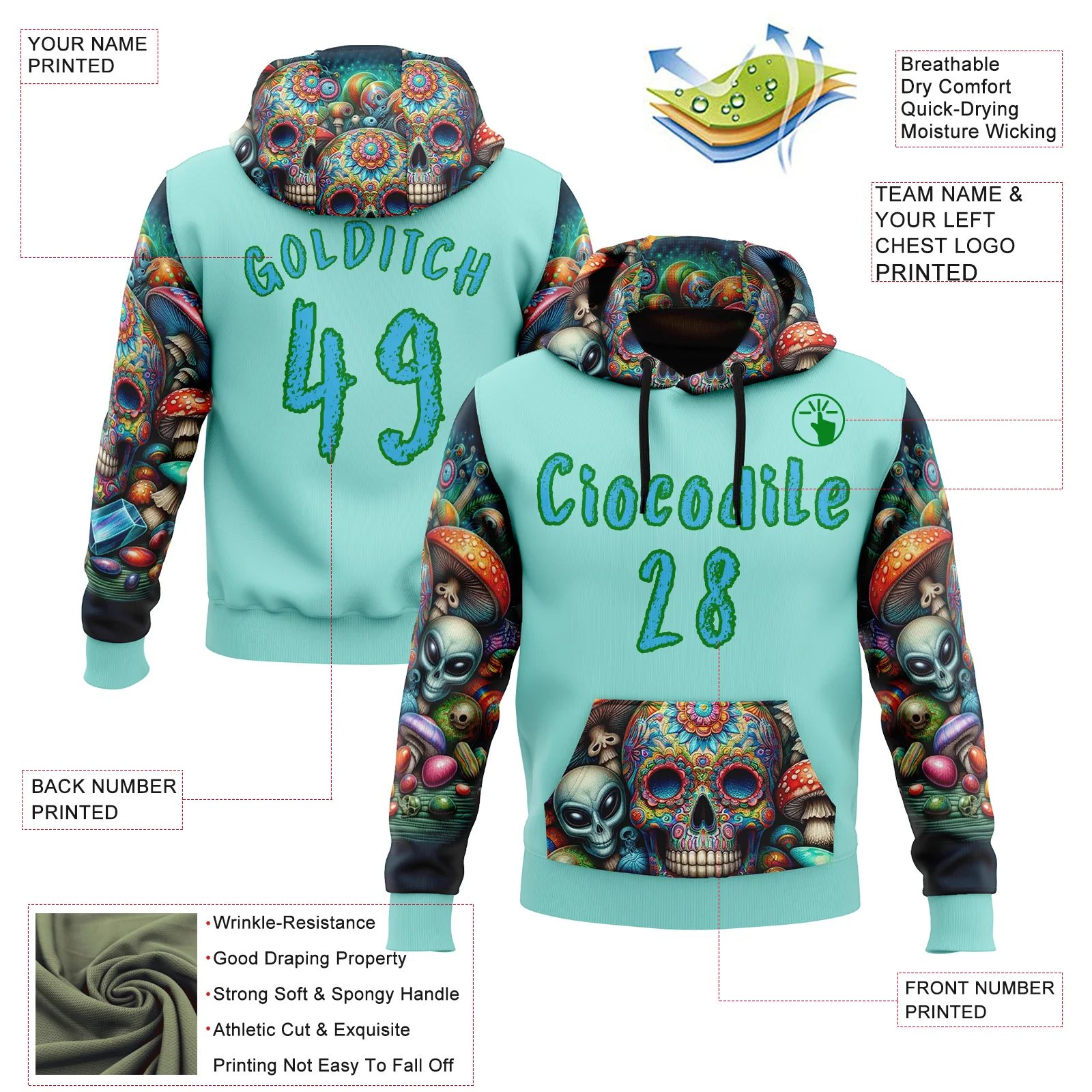 Custom Ice Blue Sky Blue-Grass Green 3D Skull Psychedelic Alien Sports Pullover Sweatshirt Hoodie