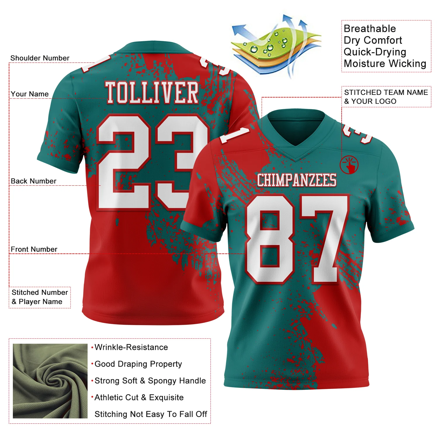 Custom Teal White-Red 3D Pattern Abstract Brush Stroke Authentic Football Jersey