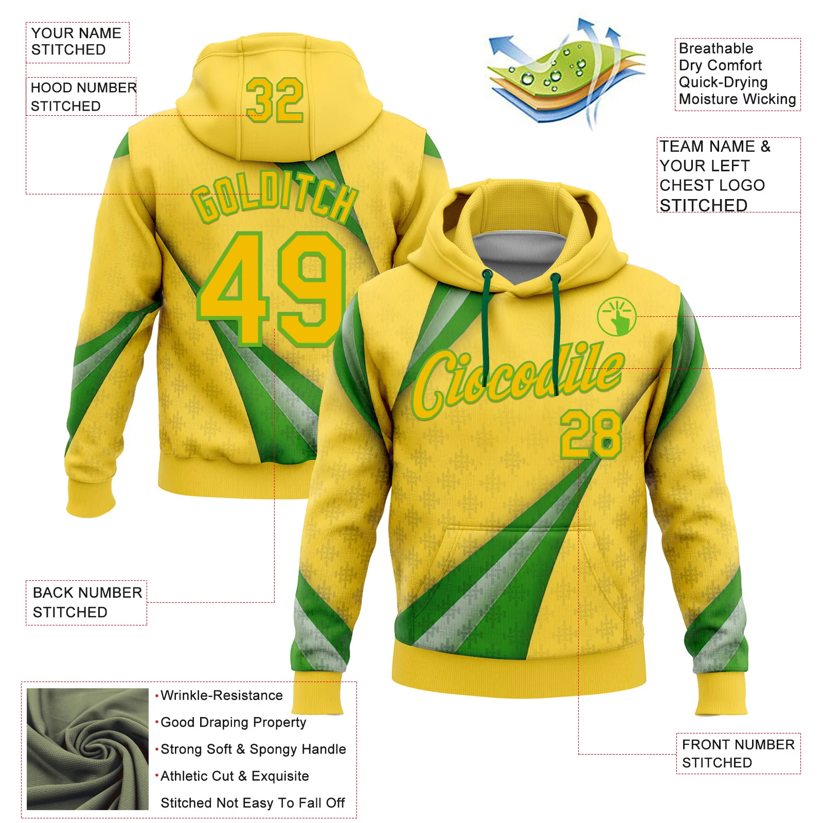 Custom Stitched Yellow Green-Aurora Green 3D Pattern Design Brazil Inspired Geometric Shape Sportswear Pullover Sweatshirt Hoodie