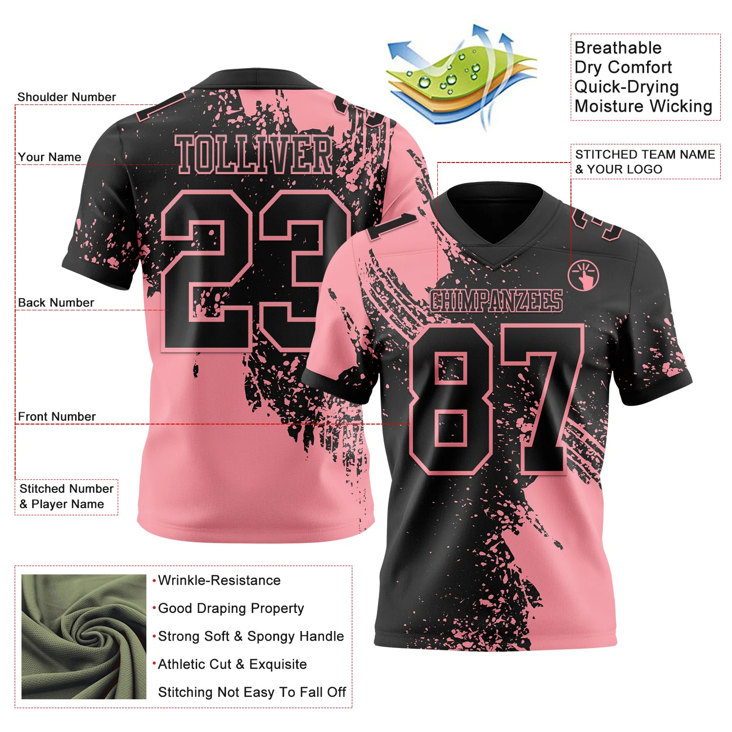 Custom Black Medium Pink 3D Pattern Abstract Brush Stroke Authentic Football Jersey