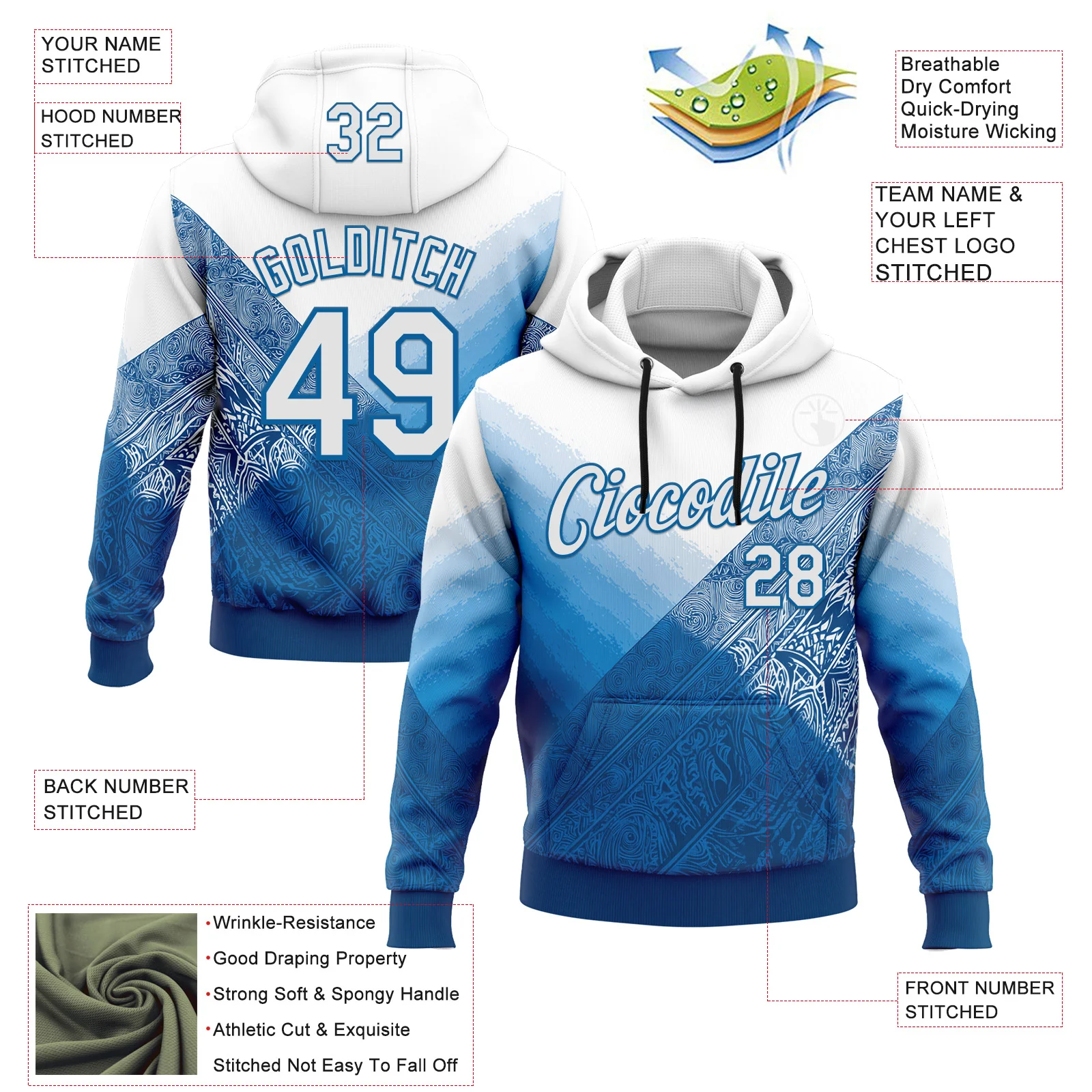 Custom Stitched White Blue 3D Pattern Design Argentine Inspired Geometric Tribal Sportswear Pullover Sweatshirt Hoodie