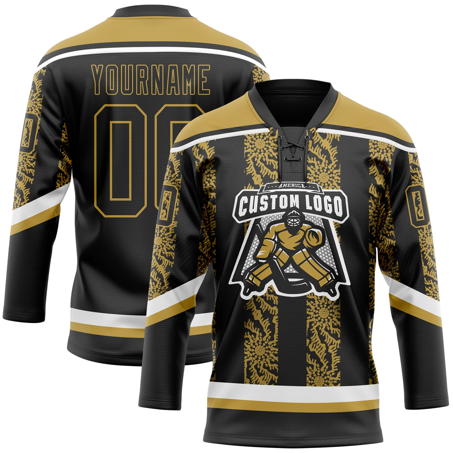 Custom Black Old Gold-White 3D Pattern Abstract Shape Hockey Lace Neck Jersey