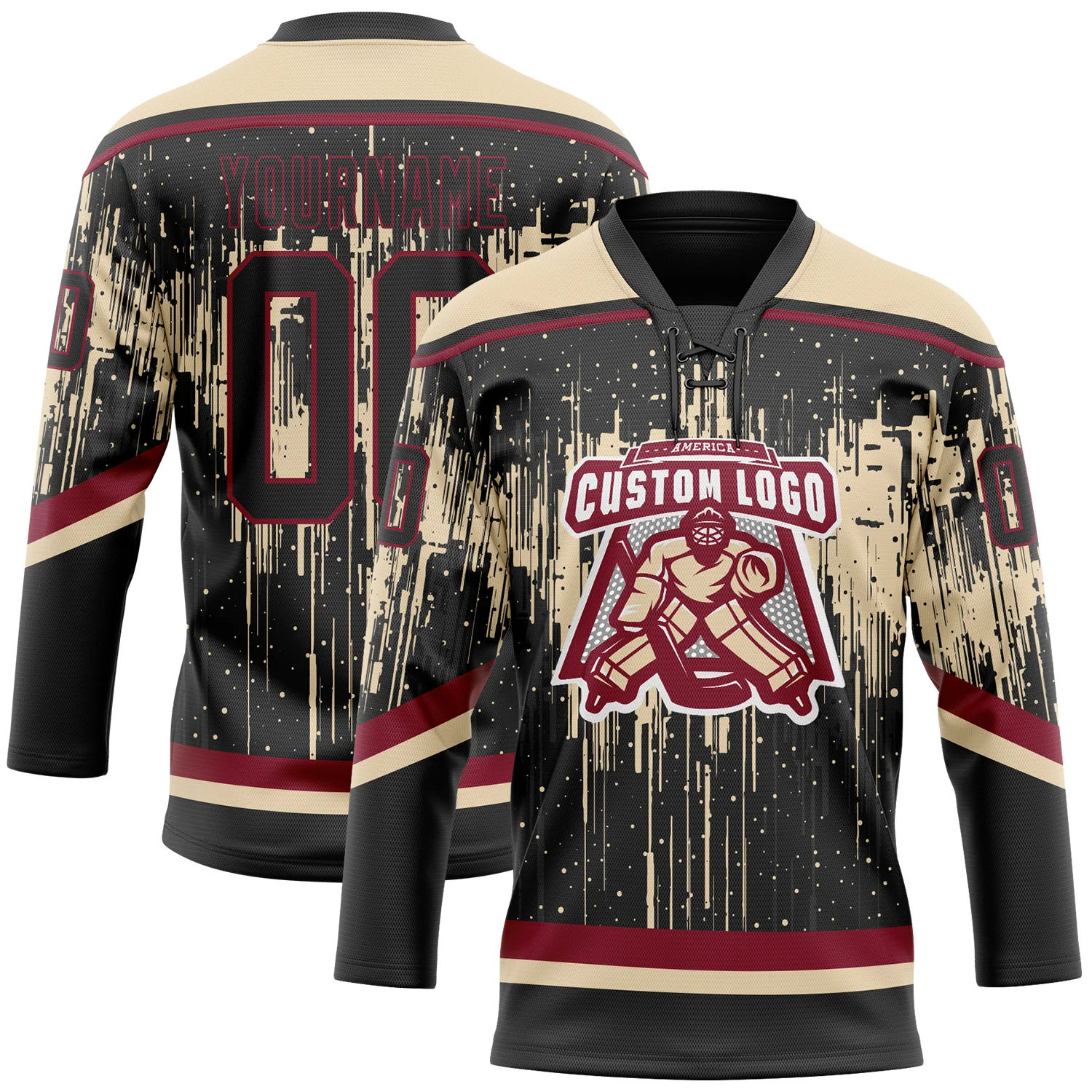 Custom Black City Cream Crimson-Steel Gray 3D Pattern Dripping Splatter Hockey Lace Neck Jersey