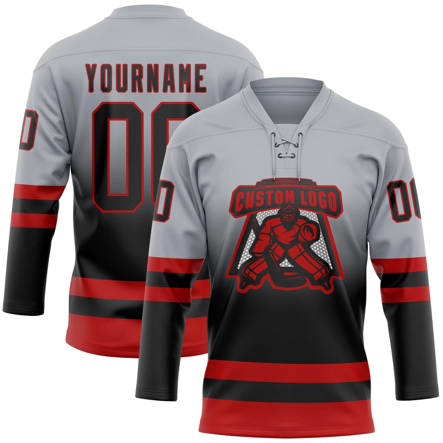Custom Gray Black-Red Fade Fashion Hockey Lace Neck Jersey