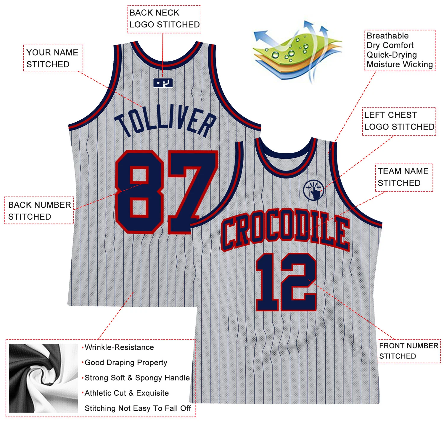 Custom Gray Navy Pinstripe Navy-Red Authentic Basketball Jersey