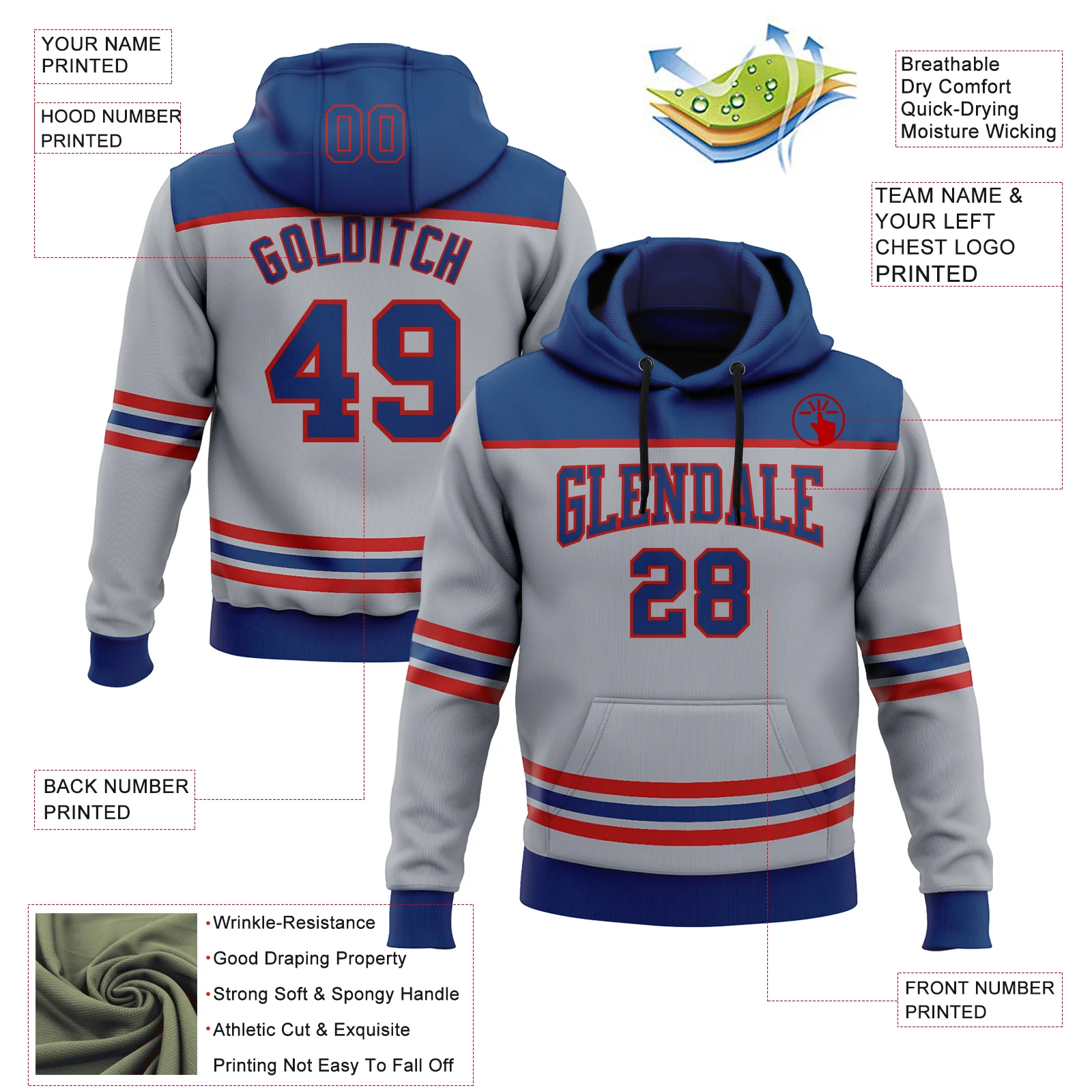 Custom Gray US Navy Blue-Red 3D Pattern Design Game Day Columbus Inspired Sports Pullover Sweatshirt Hoodie