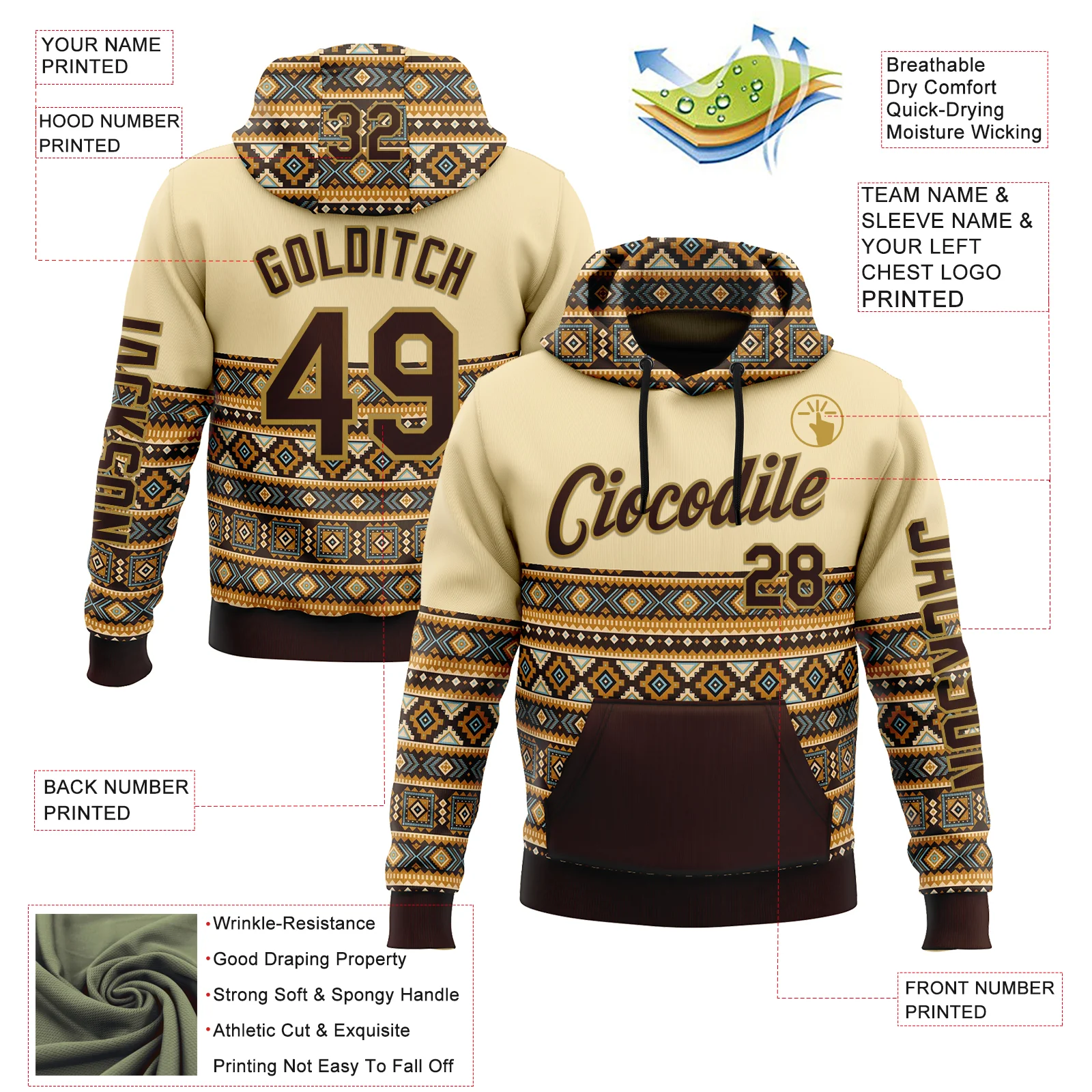 Custom Cream Brown-Old Gold 3D Pattern Design Western Cowboy Tribal Ethnic Sports Pullover Sweatshirt Hoodie