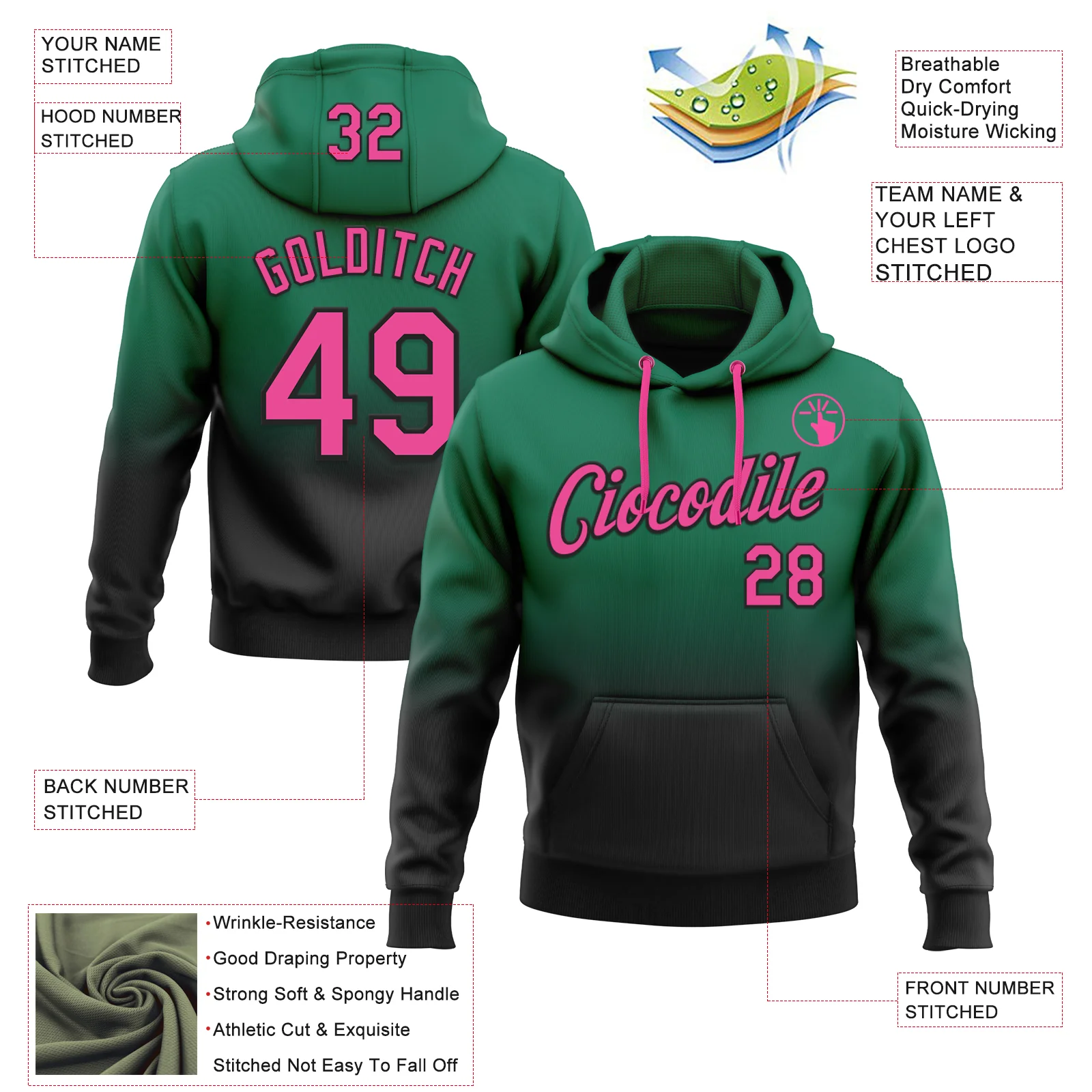 Custom Stitched Kelly Green Pink-Black Fade Fashion Sports Pullover Sweatshirt Hoodie