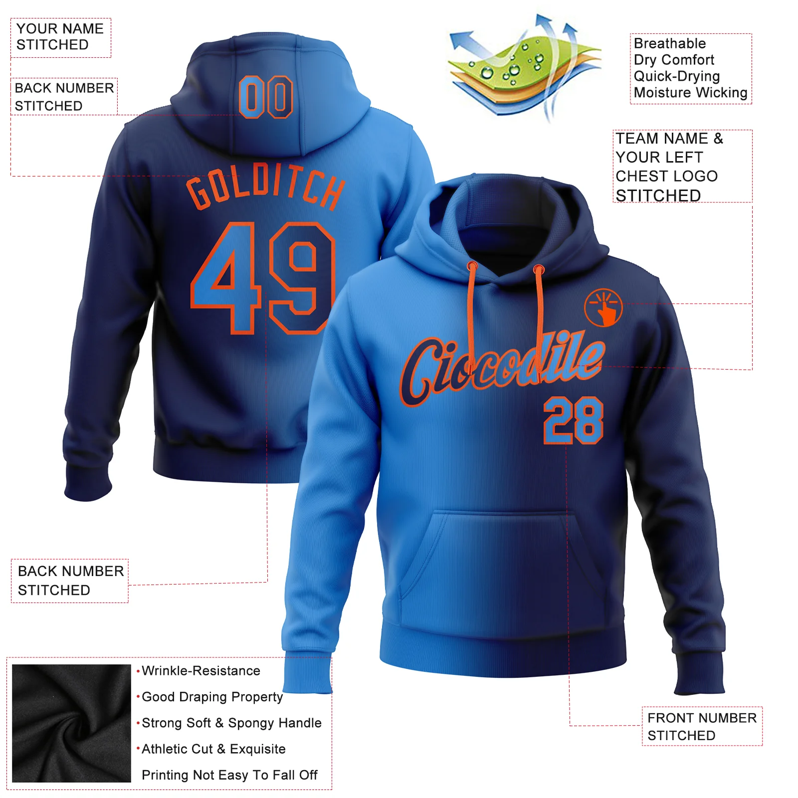 Custom Stitched Navy Powder Blue-Orange Gradient Fashion Sports Pullover Sweatshirt Hoodie