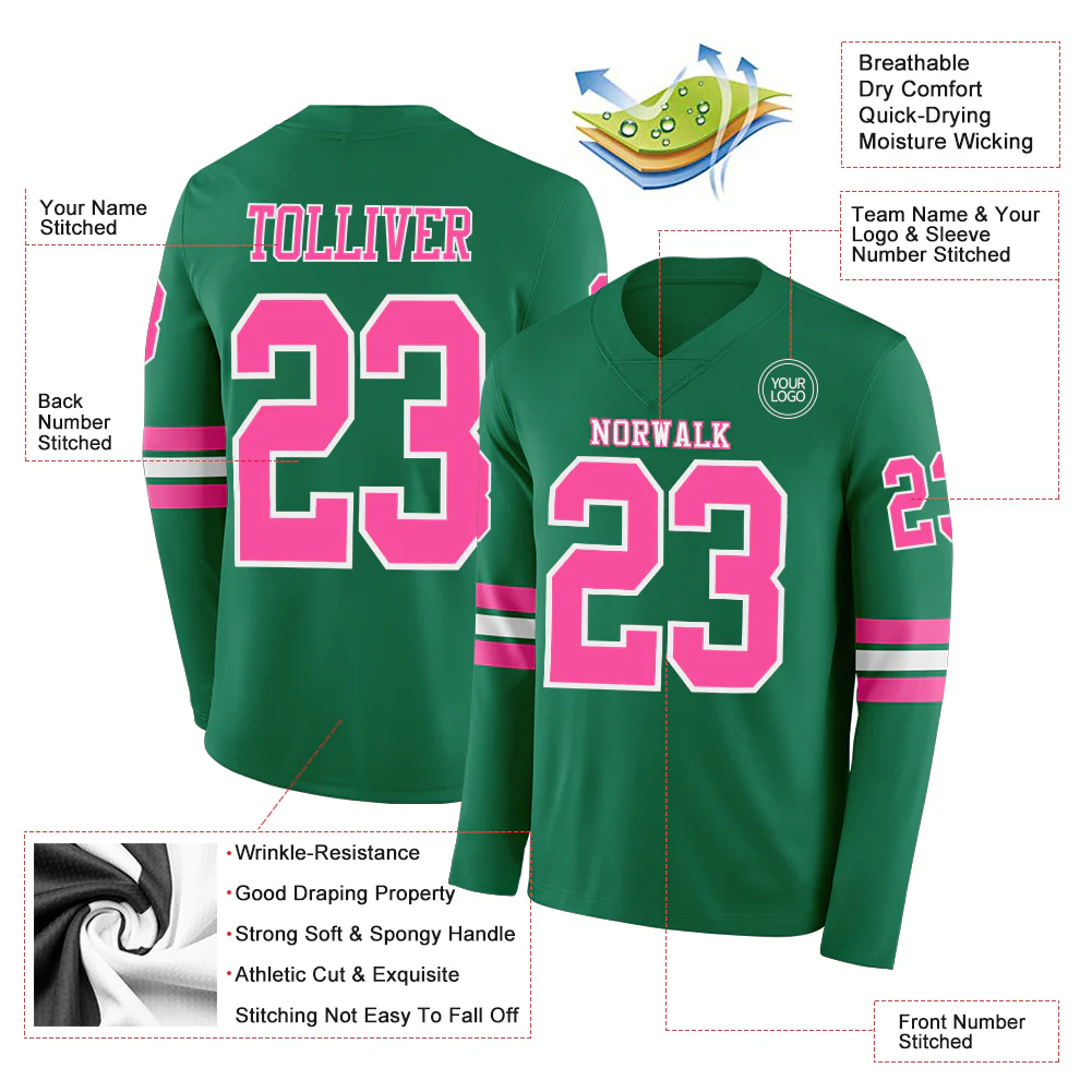 Custom Kelly Green Pink-White Long Sleeve Authentic Football Jersey