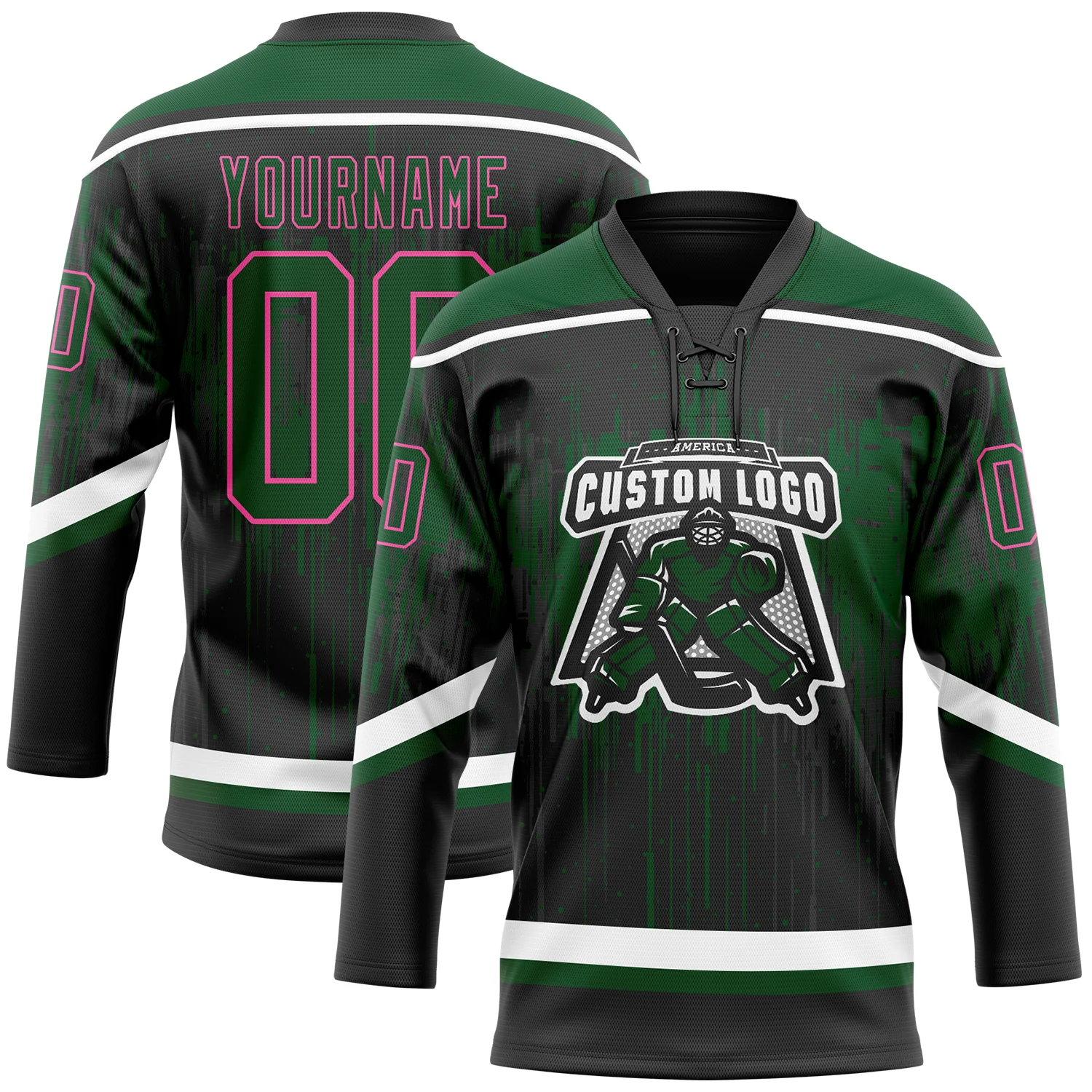 Custom Black Green Pink Steel Gray-White 3D Pattern Dripping Splatter Hockey Lace Neck Jersey