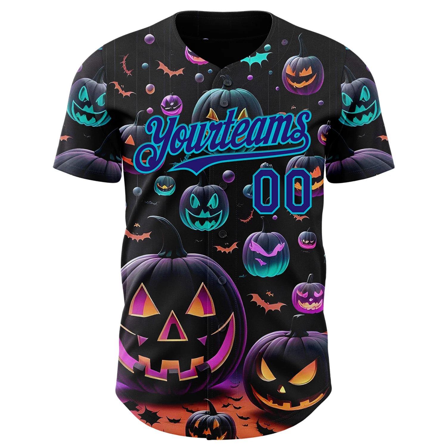 Custom Black Dark Purple-Lakes Blue 3D Halloween Spooky Pumpkin Authentic Baseball Jersey