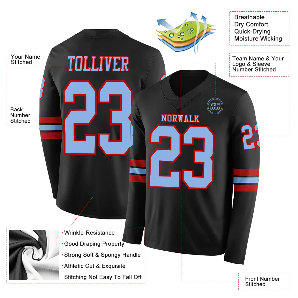Custom Black Light Blue-Red Long Sleeve Authentic Football Jersey