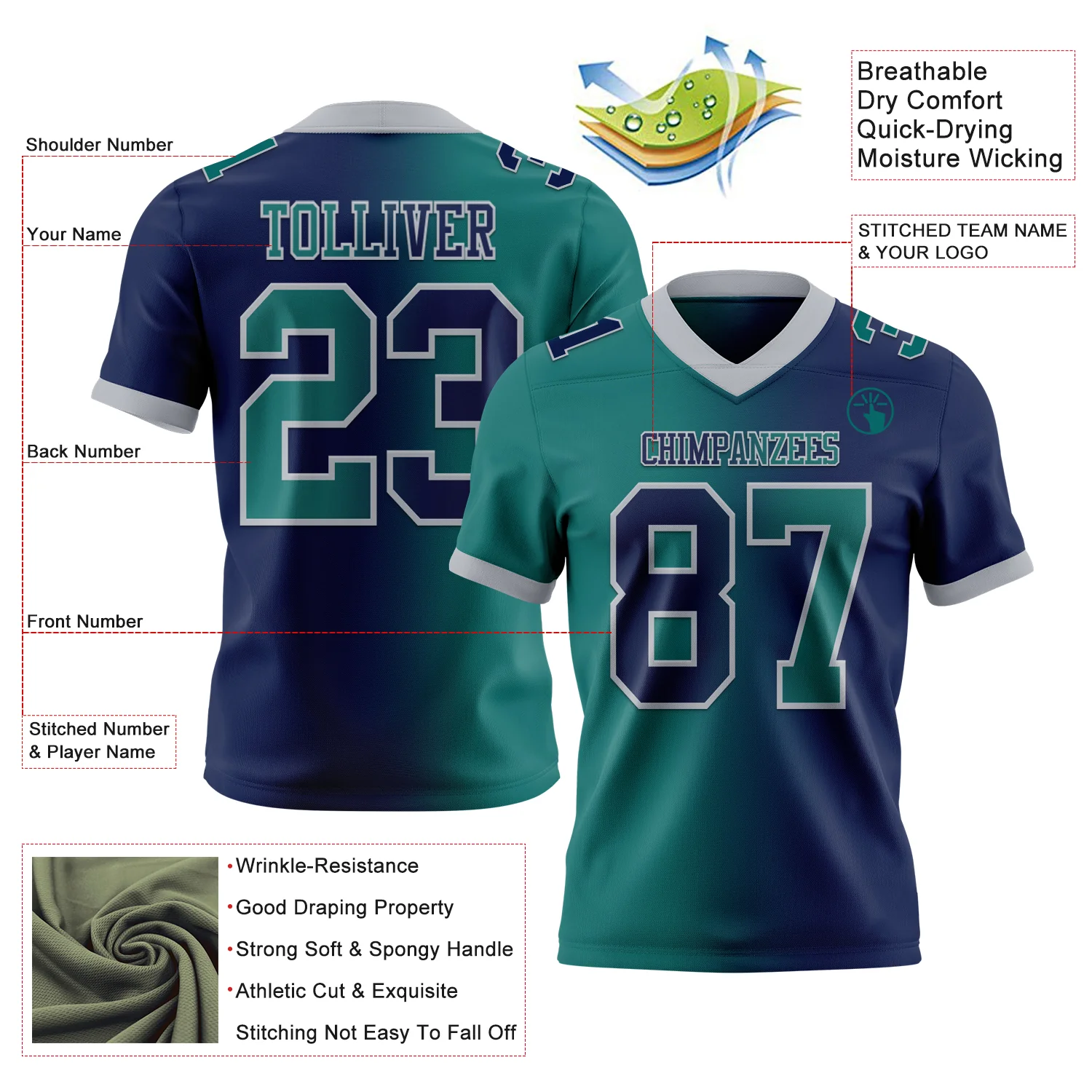 Custom Navy Teal-Gray Authentic Gradient Fashion Football Jersey