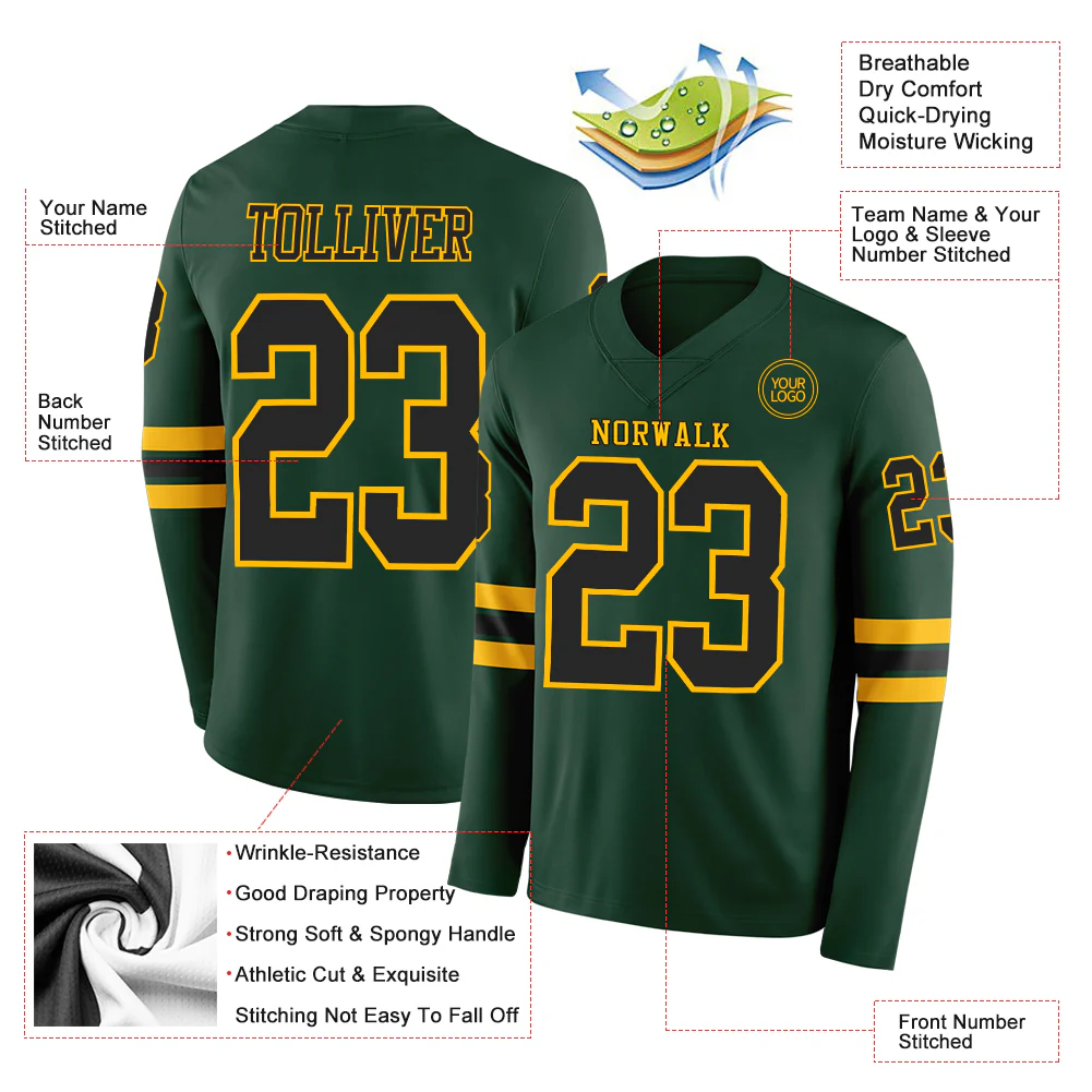 Custom Green Black-Gold Long Sleeve Authentic Football Jersey