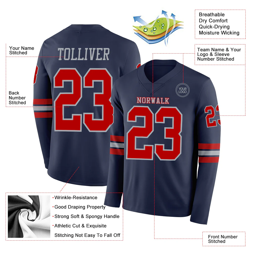 Custom Navy Red-Gray Long Sleeve Authentic Football Jersey