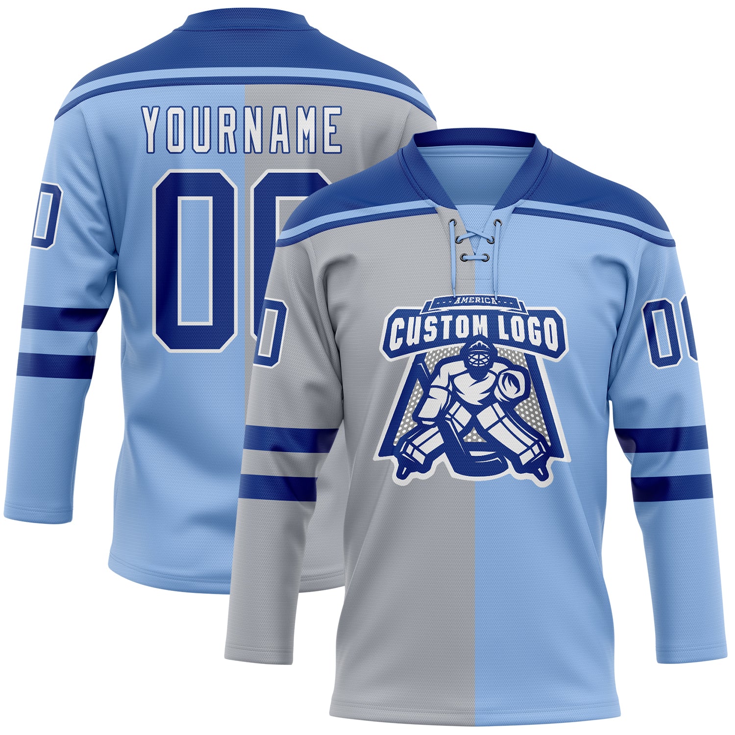 Custom Light Blue Royal Gray-White Split Fashion Hockey Lace Neck Jersey