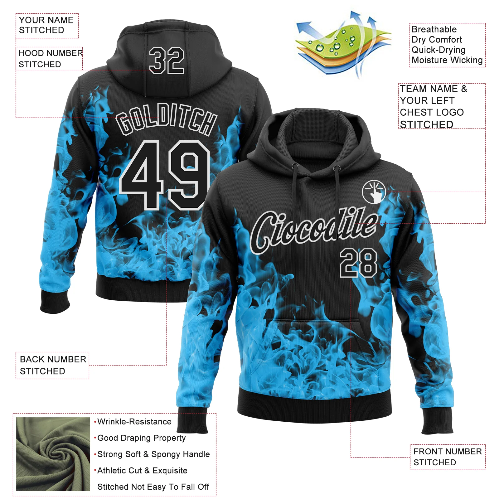 Custom Stitched Black Blue-White 3D Pattern Design Flame Sports Pullover Sweatshirt Hoodie