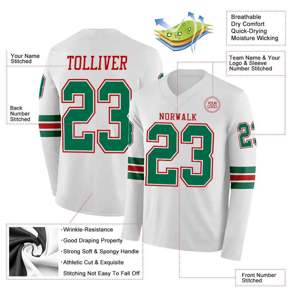 Custom White Kelly Green-Red Long Sleeve Authentic Football Jersey