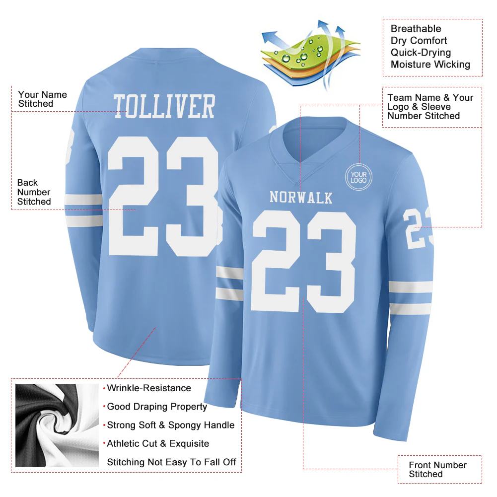 Custom Light Blue White Long Sleeve Authentic Football Jersey