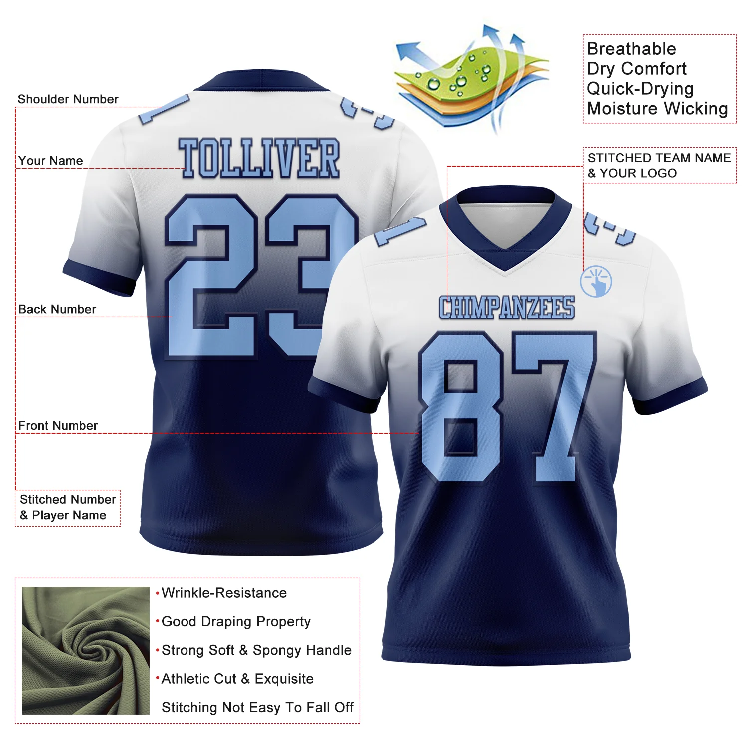 Custom White Light Blue-Navy Authentic Fade Fashion Football Jersey