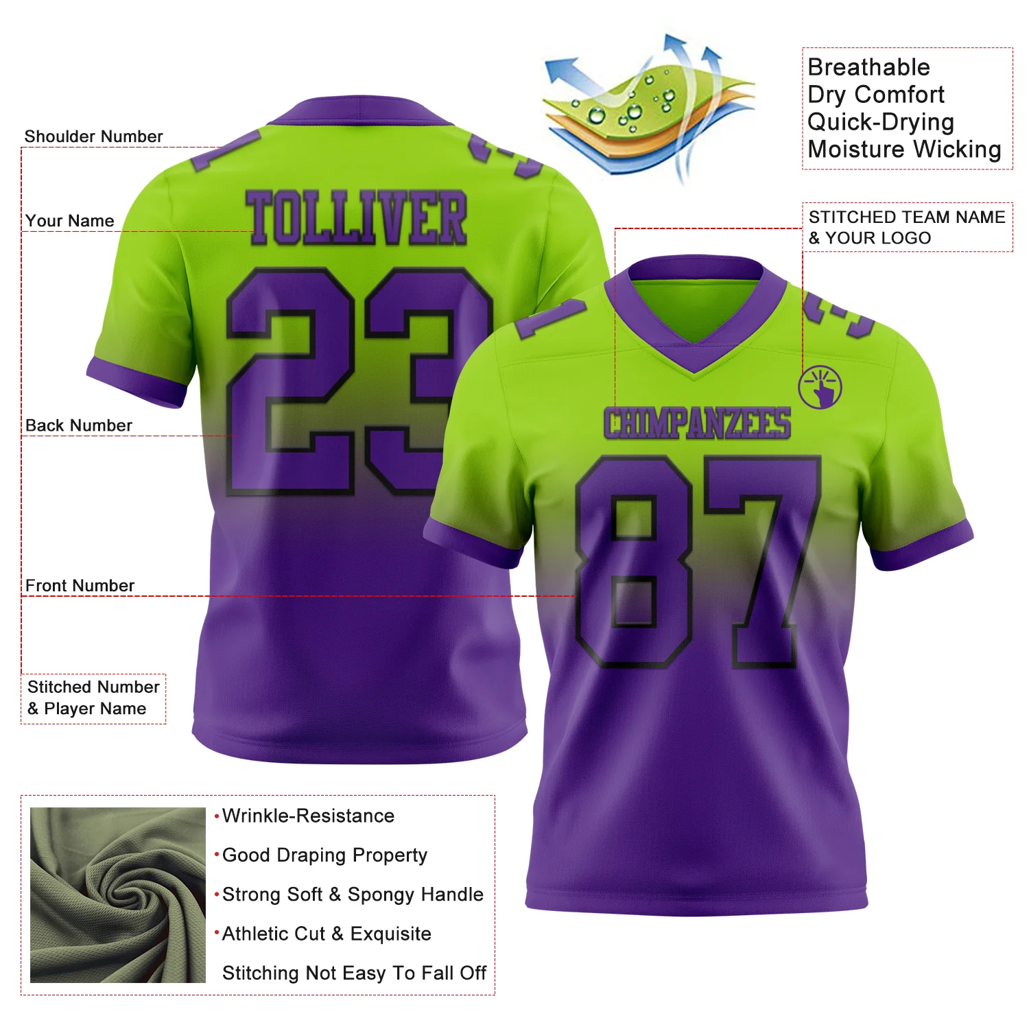 Custom Neon Green Purple-Black Authentic Fade Fashion Football Jersey