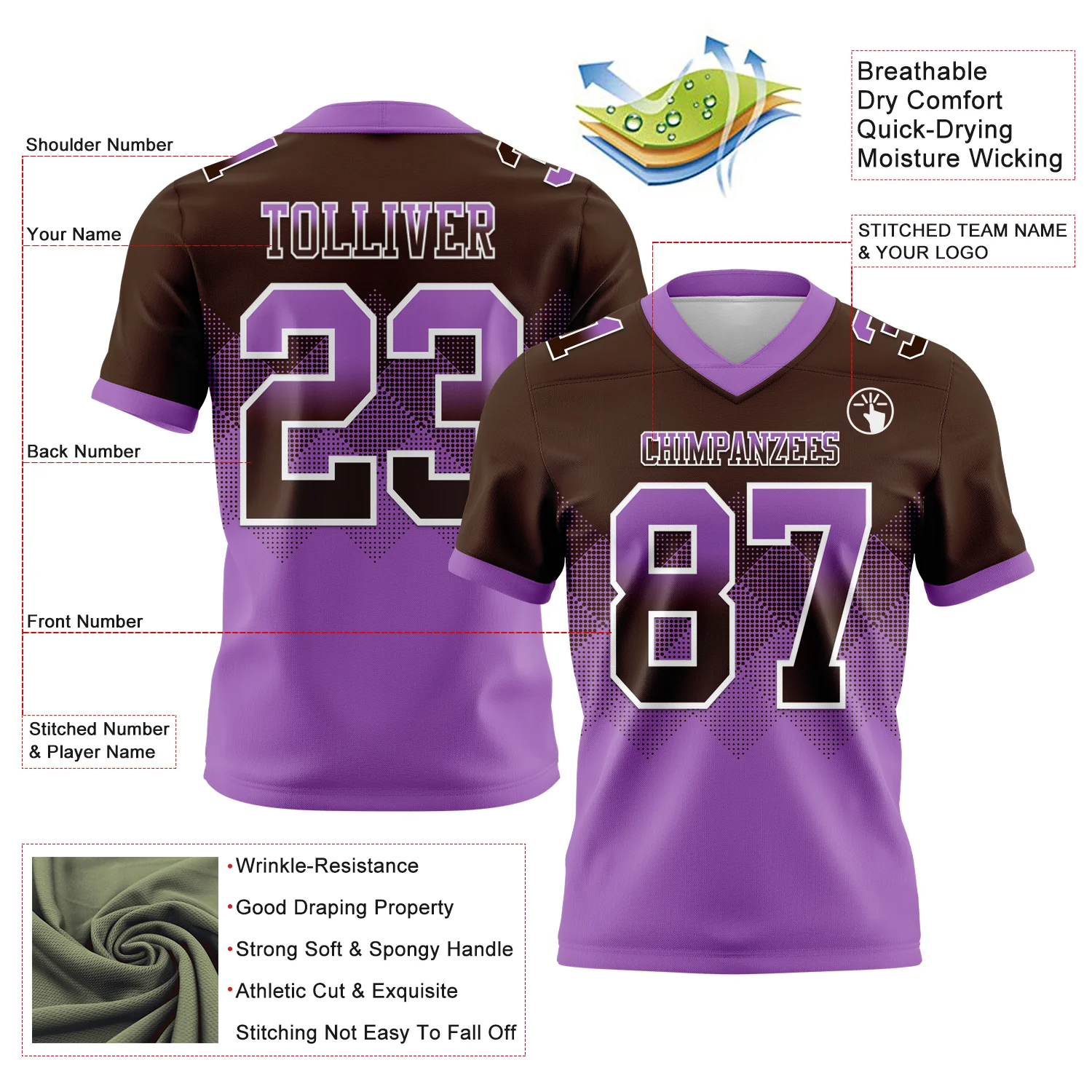 Custom Brown Medium Purple-White Authentic Gradient Square Shape Flag Football Jersey