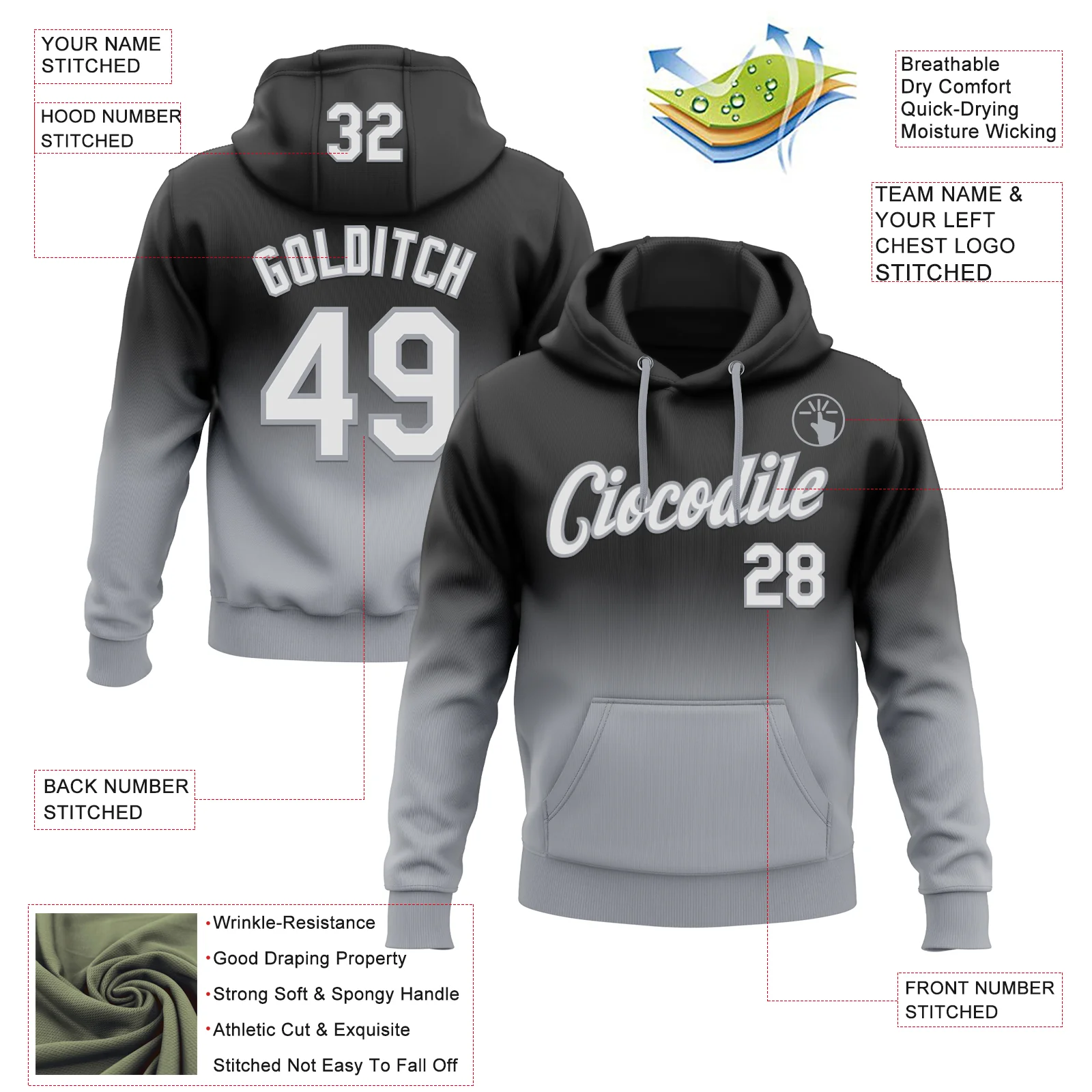 Custom Stitched Black White-Gray Fade Fashion Sports Pullover Sweatshirt Hoodie