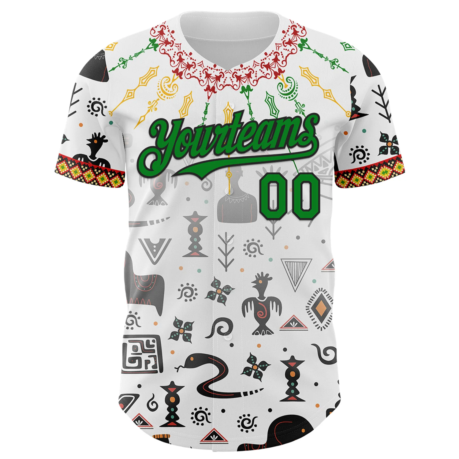 Custom White Grass Green Red Yellow-Black 3D Pattern Design Black History Month Africa Tribal Authentic Baseball Jersey