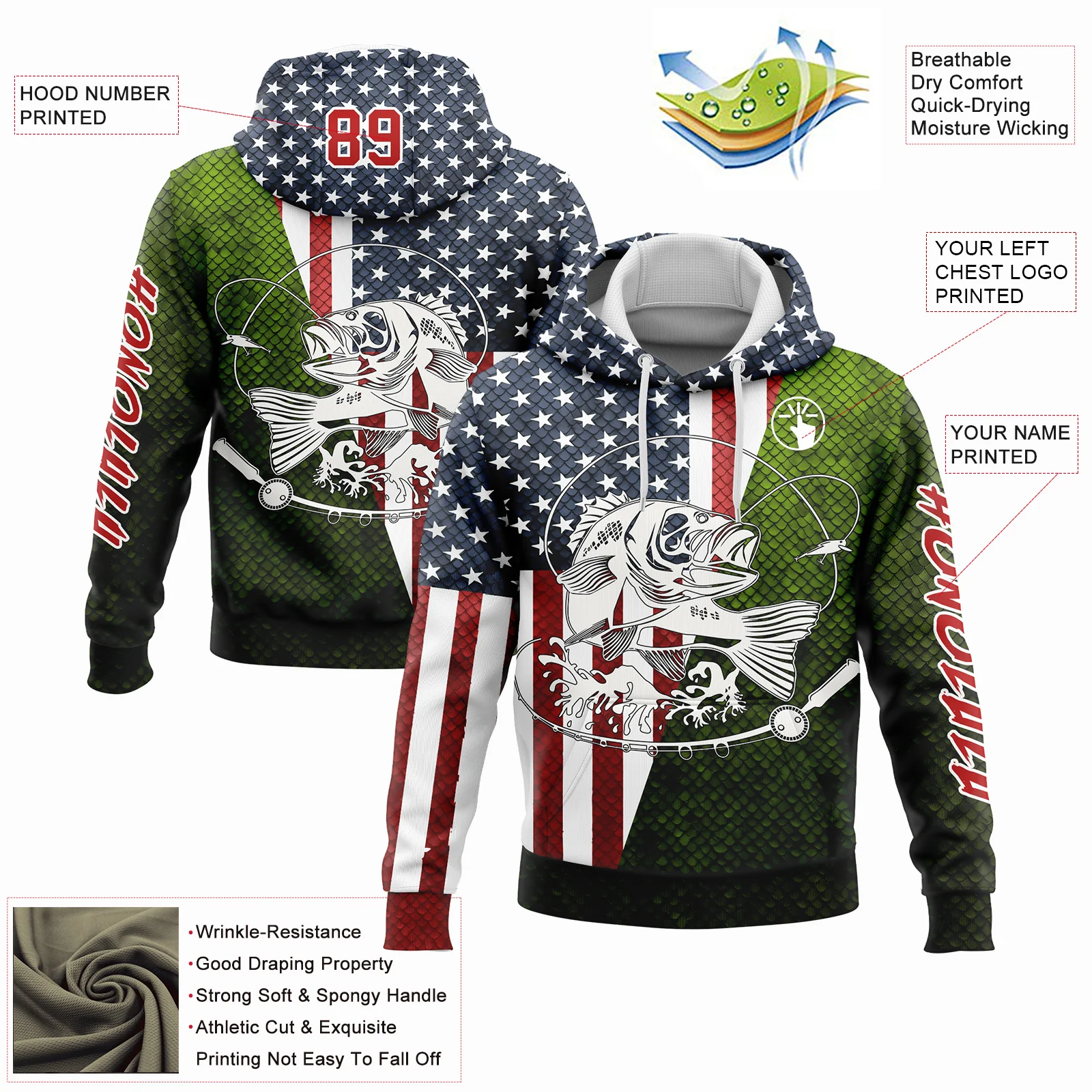 Custom Navy Red-Aurora Green 3D American Flag And Smallmouth Bass Fish Fishing Sports Pullover Sweatshirt Hoodie