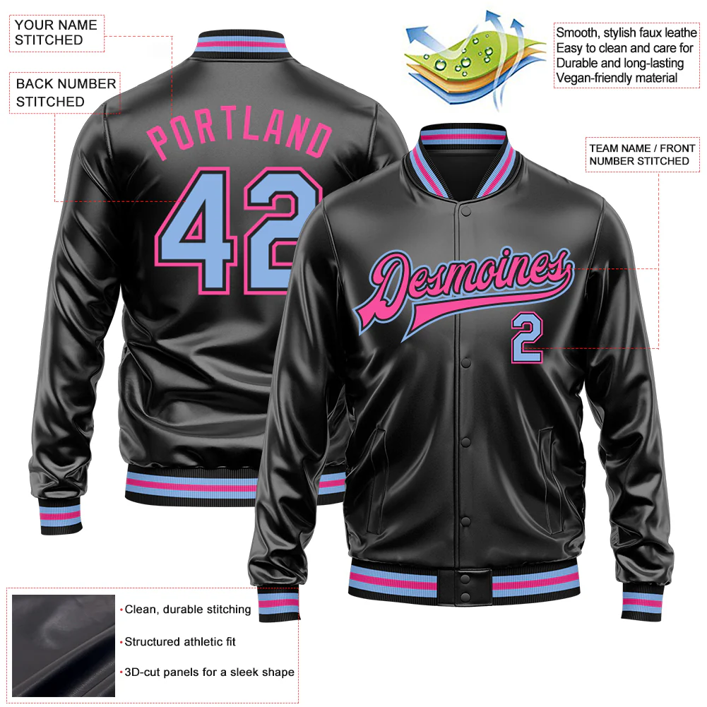 Custom Black Light Blue-Pink Bomber Full-Snap Varsity Faux Leather Letterman Jacket