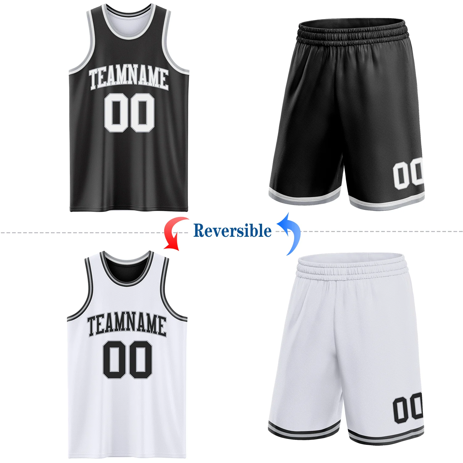 Custom Reversible Black White-Gray Double Side Sublimation Basketball Suit Jersey