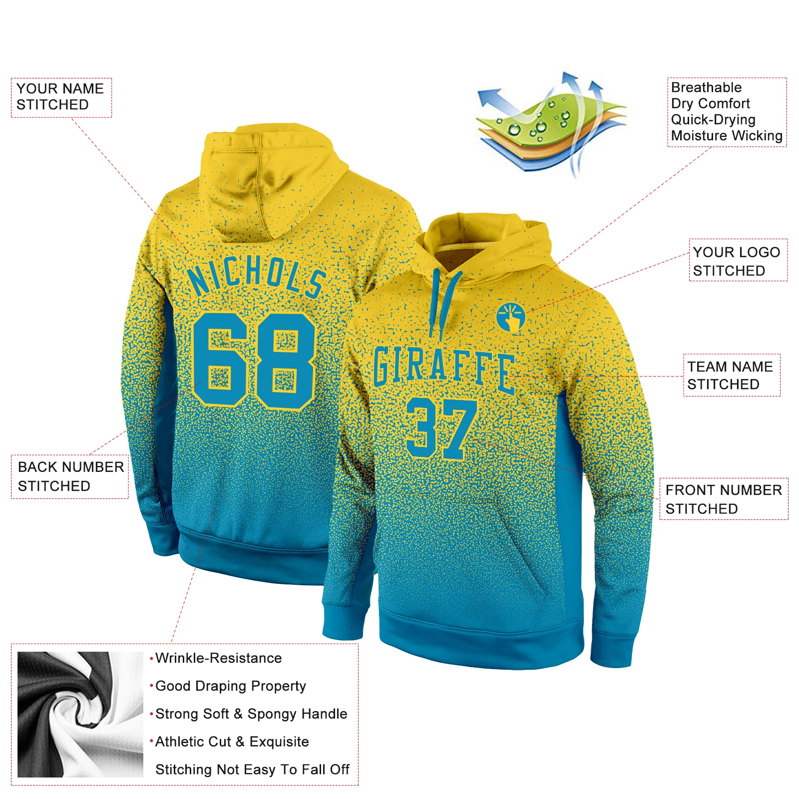 Custom Stitched Gold Panther Blue Fade Fashion Sports Pullover Sweatshirt Hoodie
