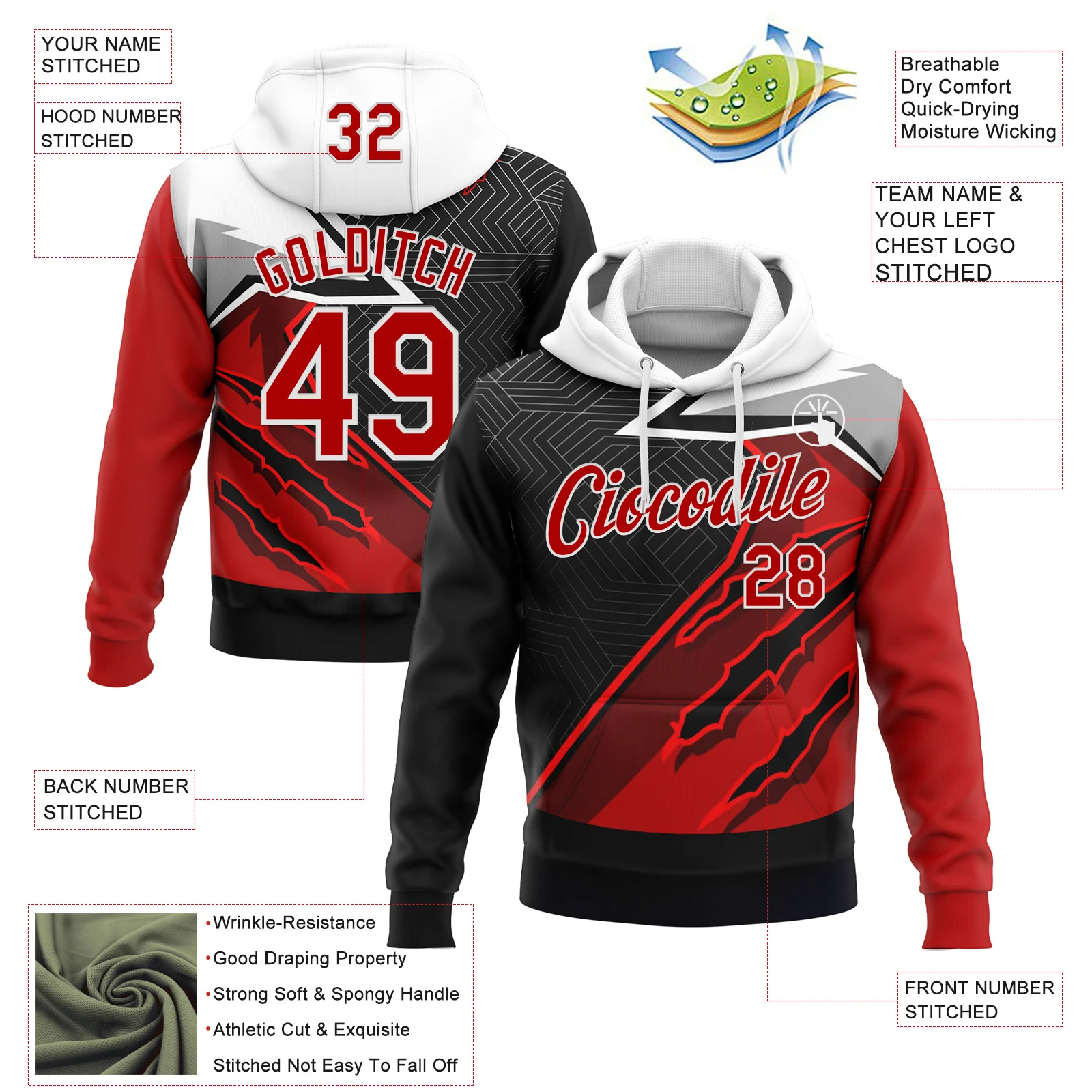 Custom Stitched Red Black-White 3D Pattern Design Canada Germany Inspired Claw Mark Sportswear Pullover Sweatshirt Hoodie