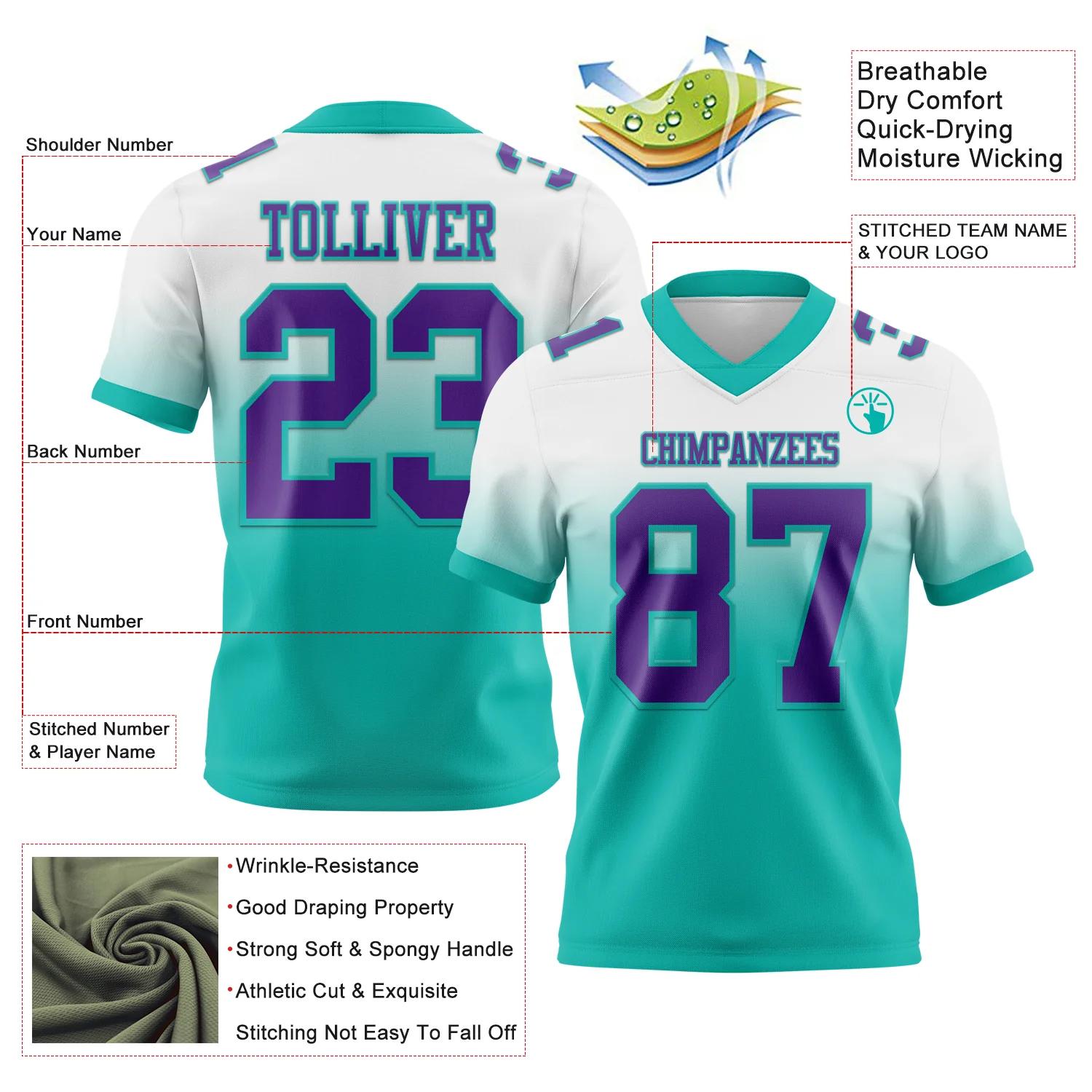 Custom White Purple-Aqua Authentic Fade Fashion Football Jersey