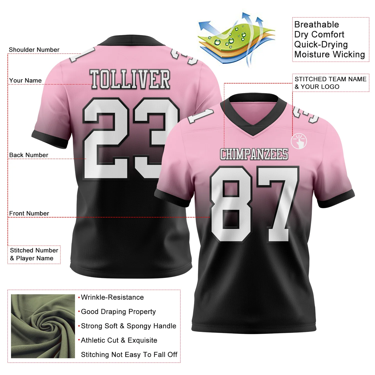 Custom Light Pink White-Black Authentic Fade Fashion Football Jersey