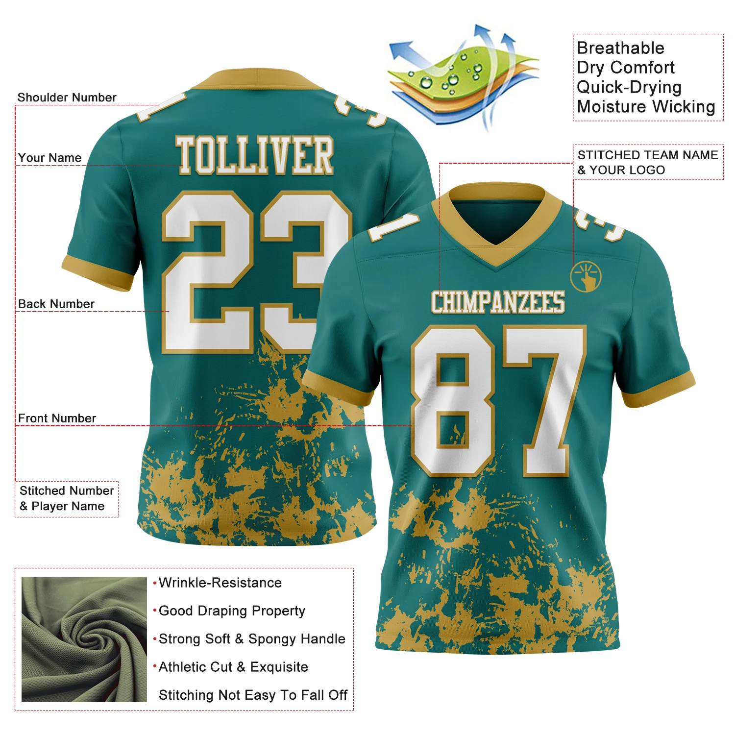 Custom Teal White-Old Gold 3D Pattern Splash Authentic Football Jersey