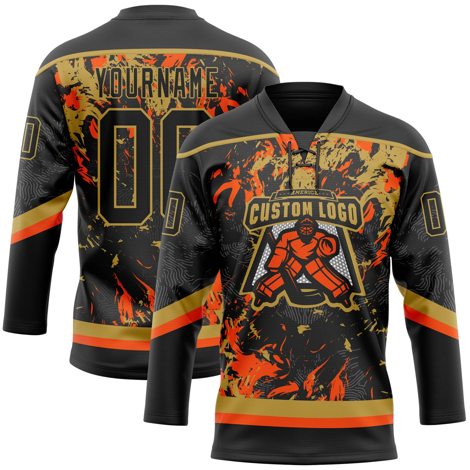 Custom Black Old Gold-Orange 3D Fluid Art Splash Hockey Lace Neck Jersey