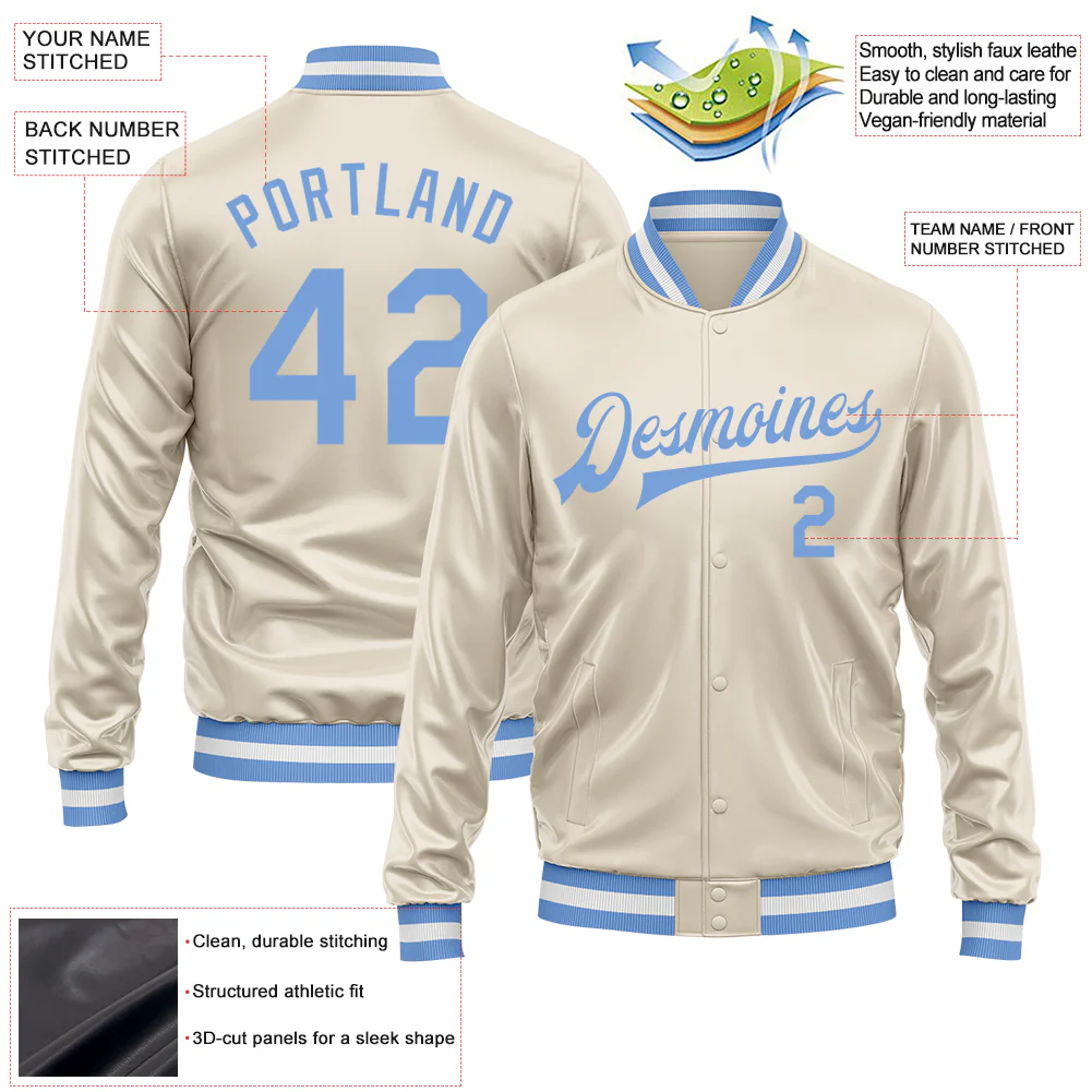 Custom Cream Light Blue Bomber Full-Snap Varsity Faux Leather Letterman Jacket