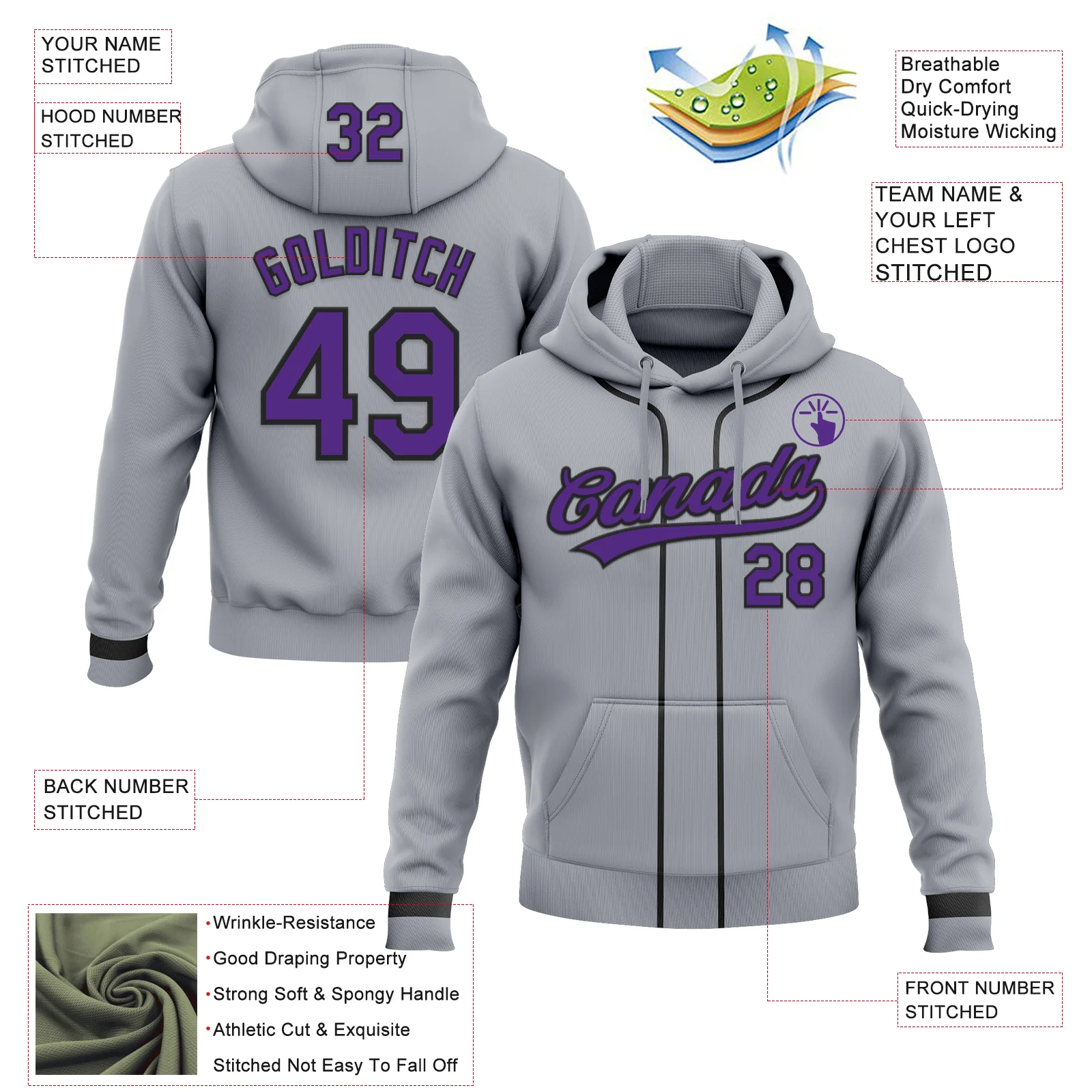 Custom Stitched Gray Purple-Black Baseball Pullover Sweatshirt Hoodie