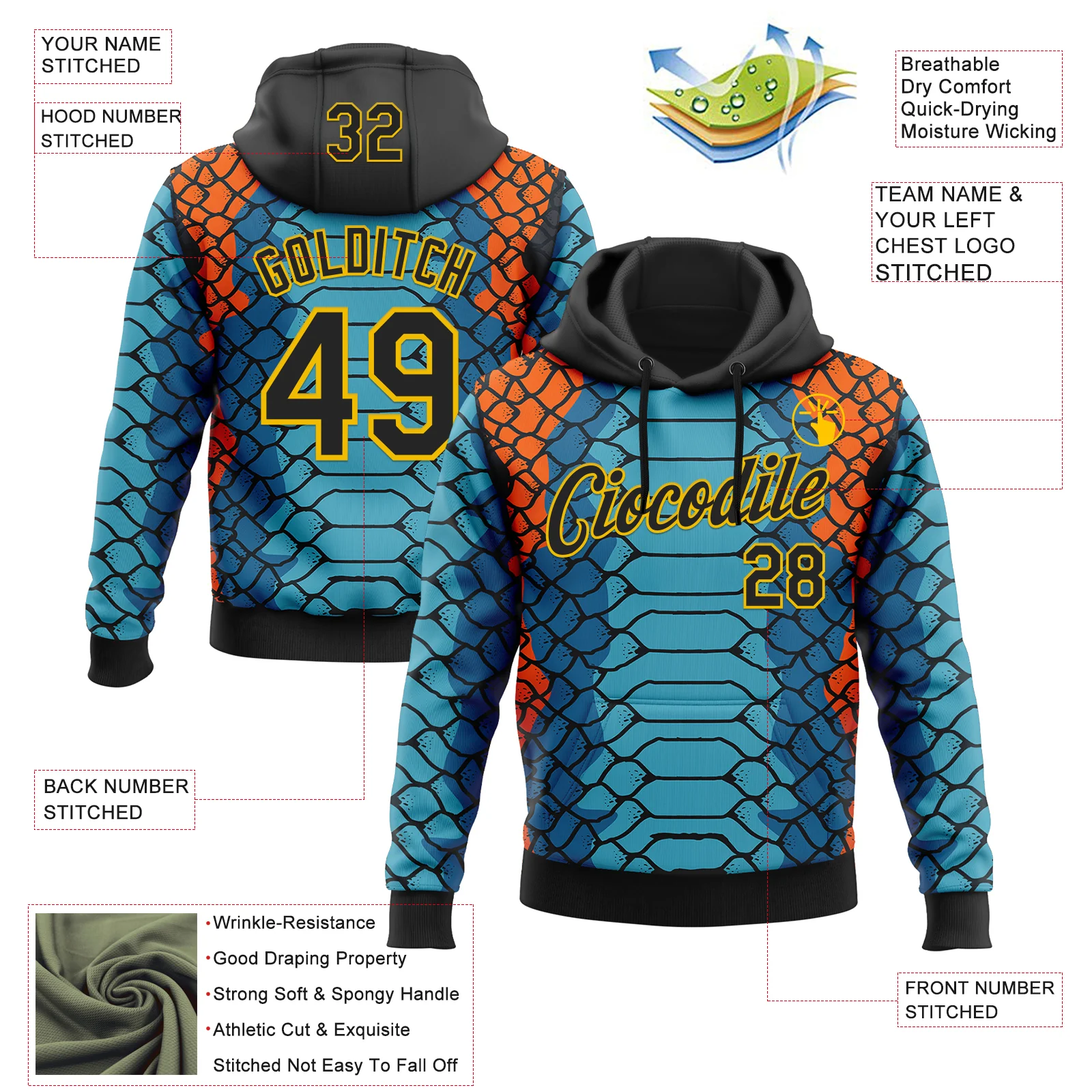 Custom Stitched Blue Black Orange-Yellow 3D Pattern Design Snake Skin Print Sportswear Pullover Sweatshirt Hoodie