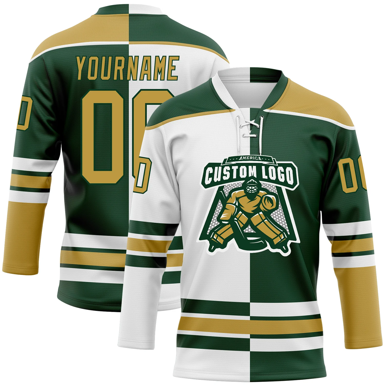 Custom Green Old Gold-White Split Fashion Hockey Lace Neck Jersey