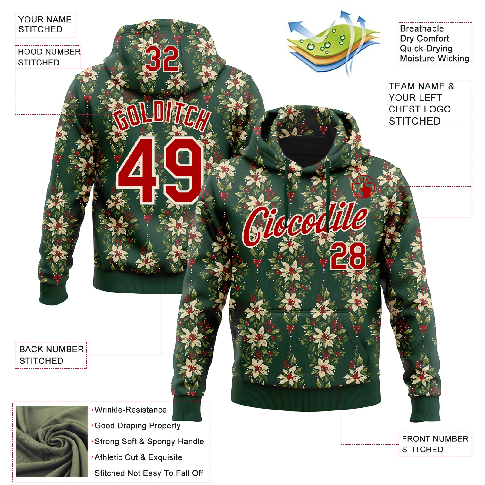 Custom Stitched Green Red-Cream 3D Christmas Floral Sports Pullover Sweatshirt Hoodie