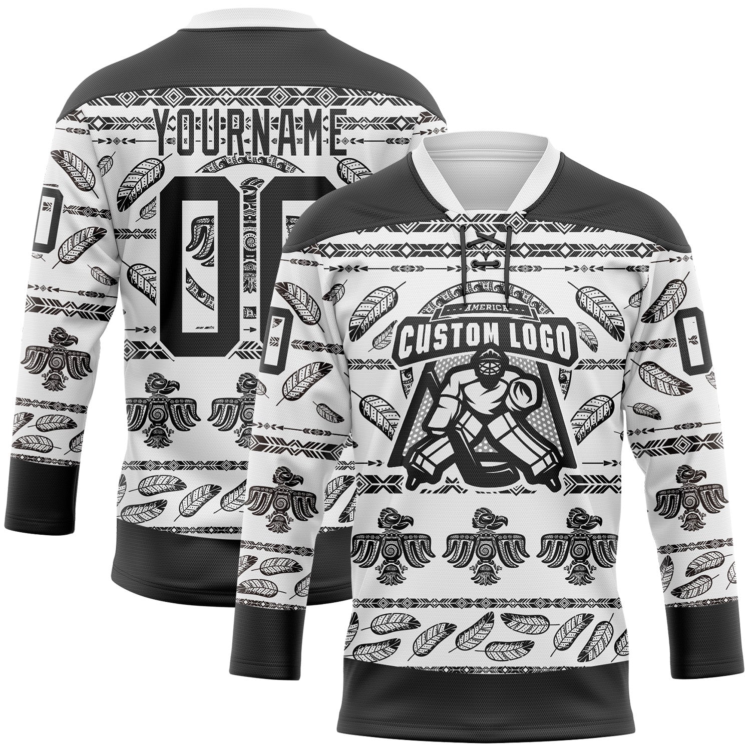 Custom White Black 3D Pattern Native Americans Tribal Indigenous People Hockey Lace Neck Jersey