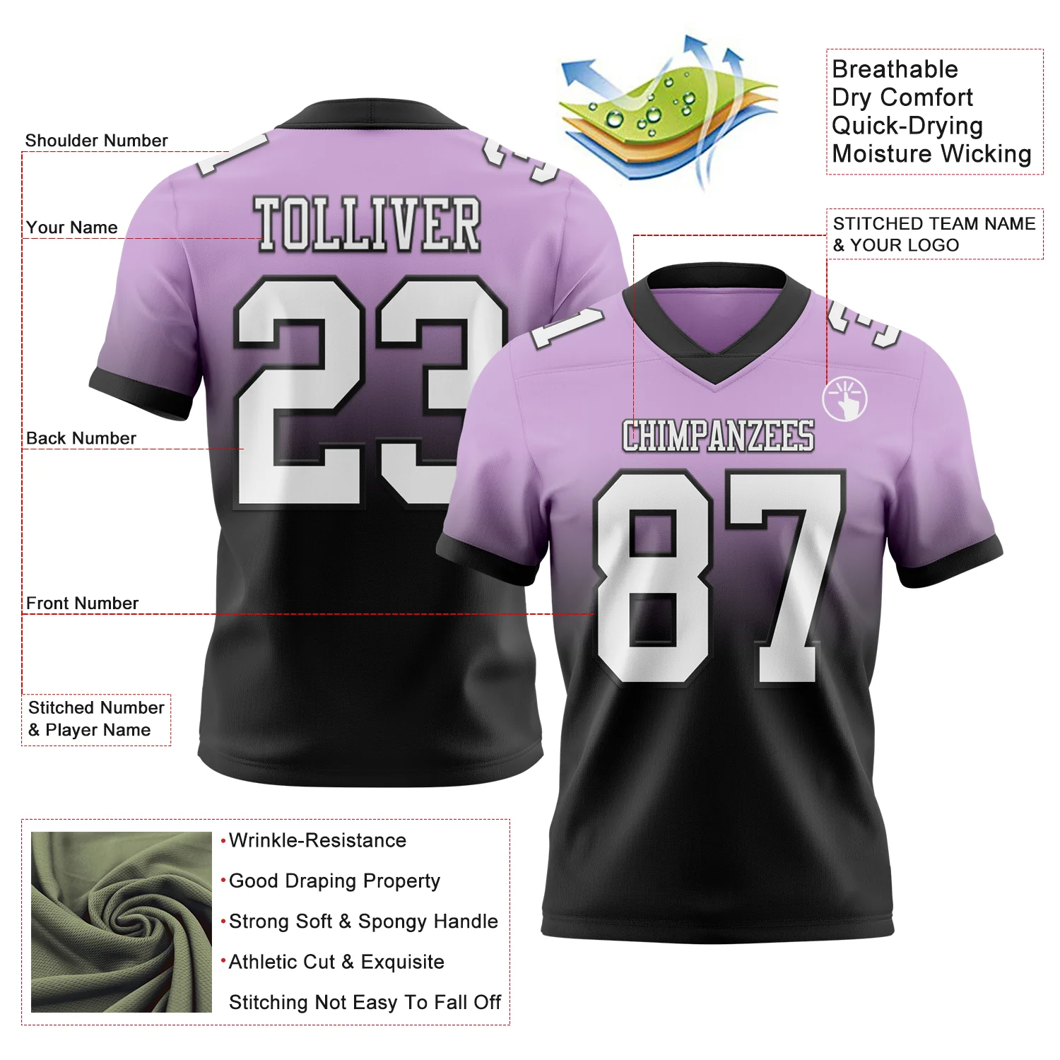 Custom Light Purple White-Black Authentic Fade Fashion Football Jersey