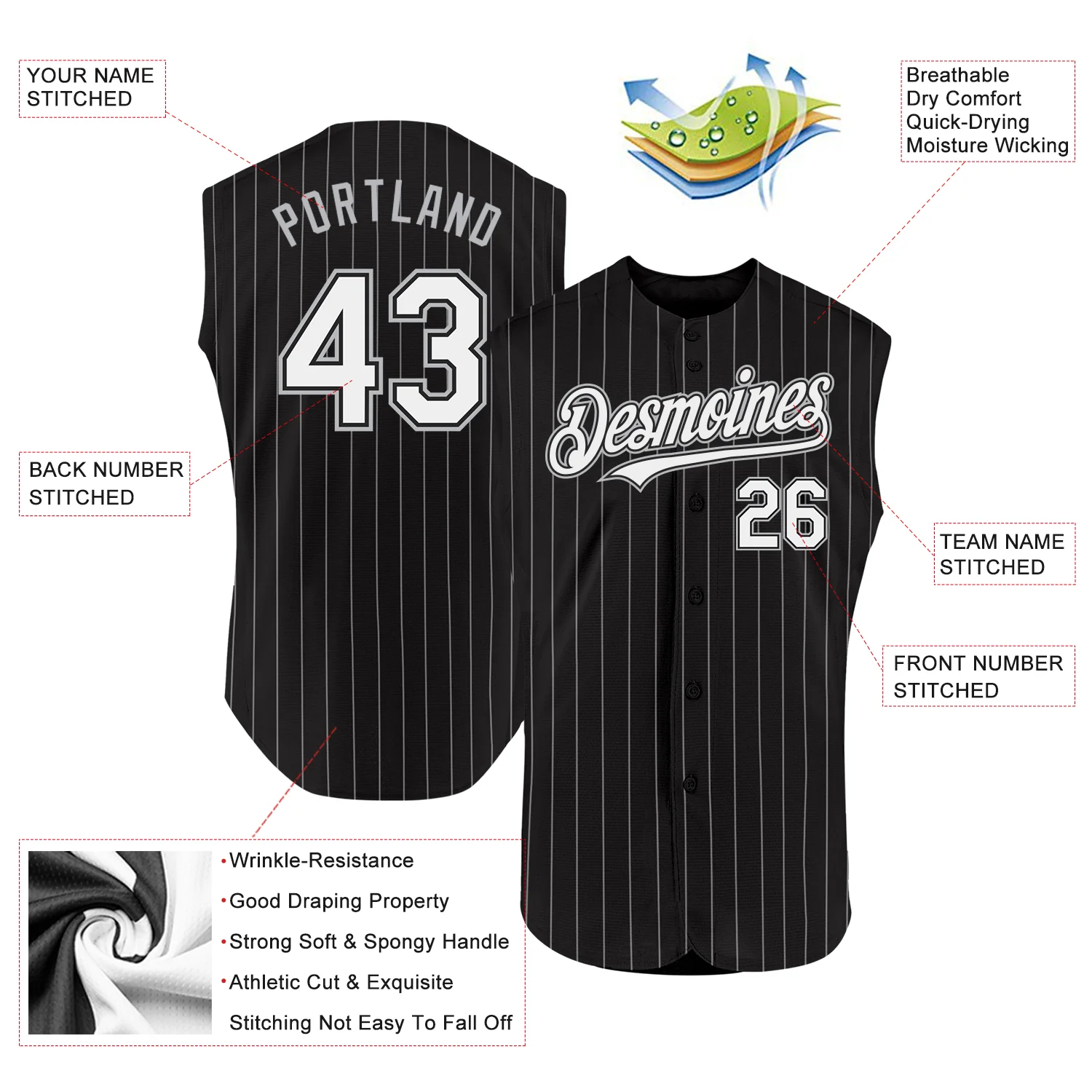 Custom Black White Pinstripe Gray Authentic Sleeveless Baseball Jersey