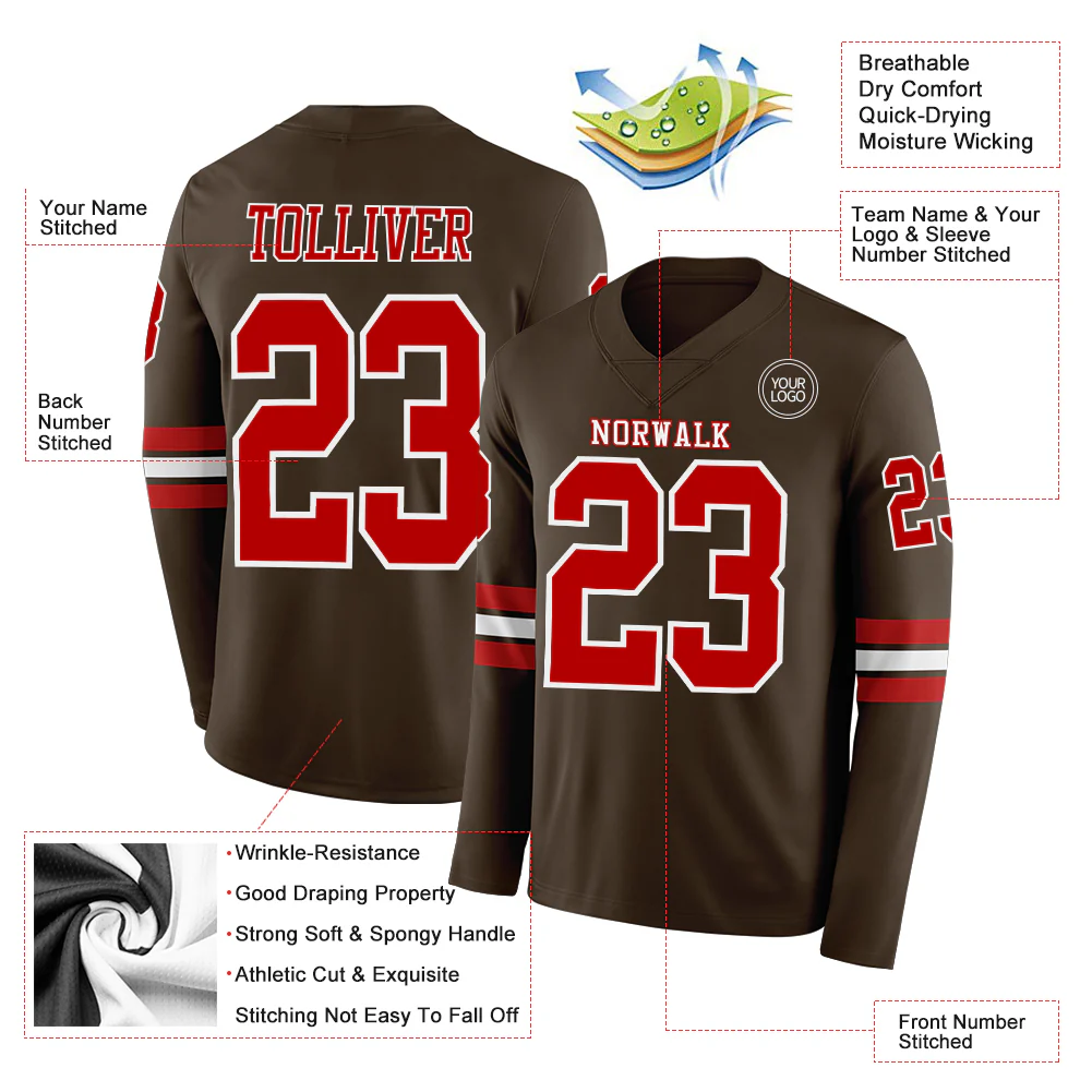 Custom Brown Red-White Long Sleeve Authentic Football Jersey