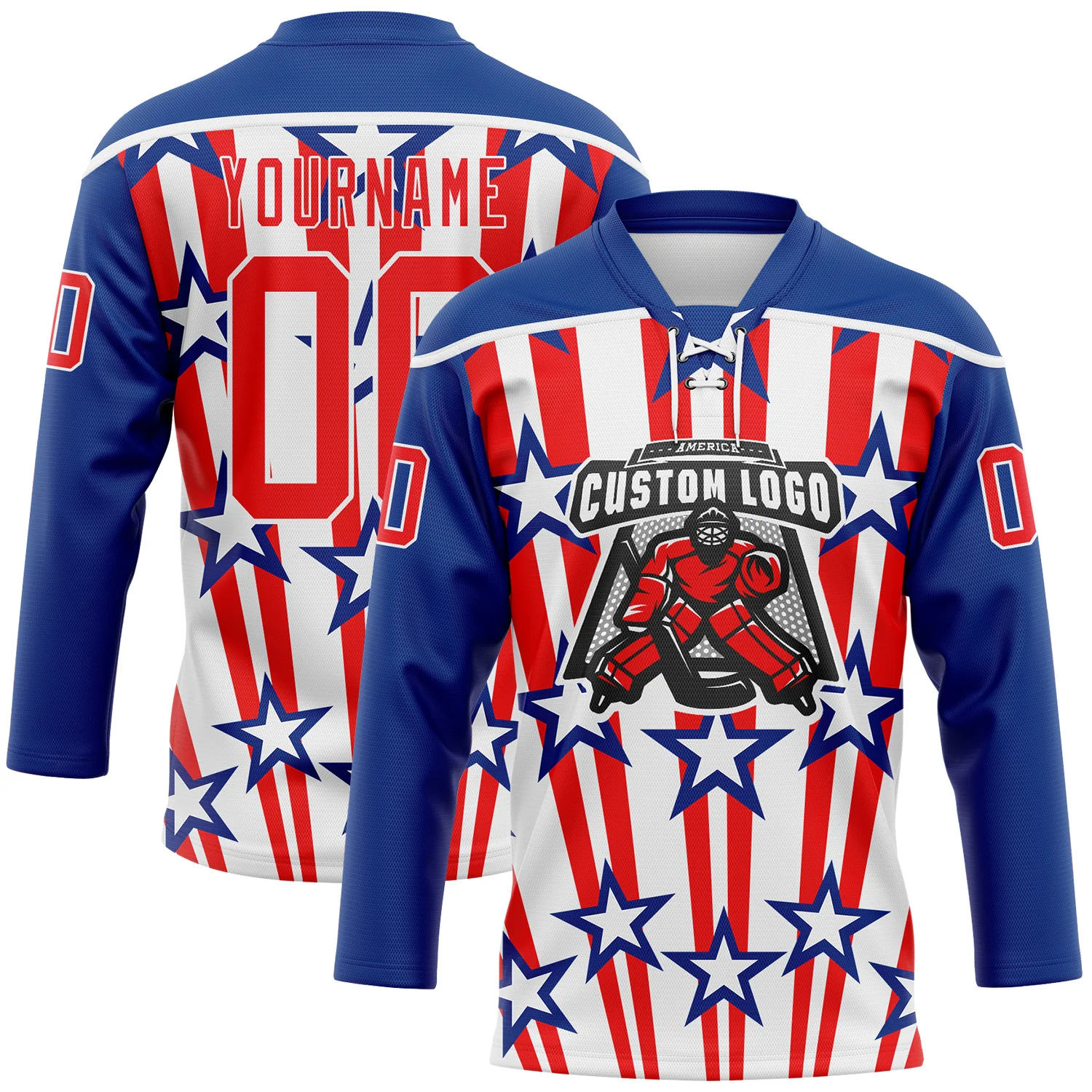 Custom Royal Fire Red-White American Flag Hockey Lace Neck Jersey