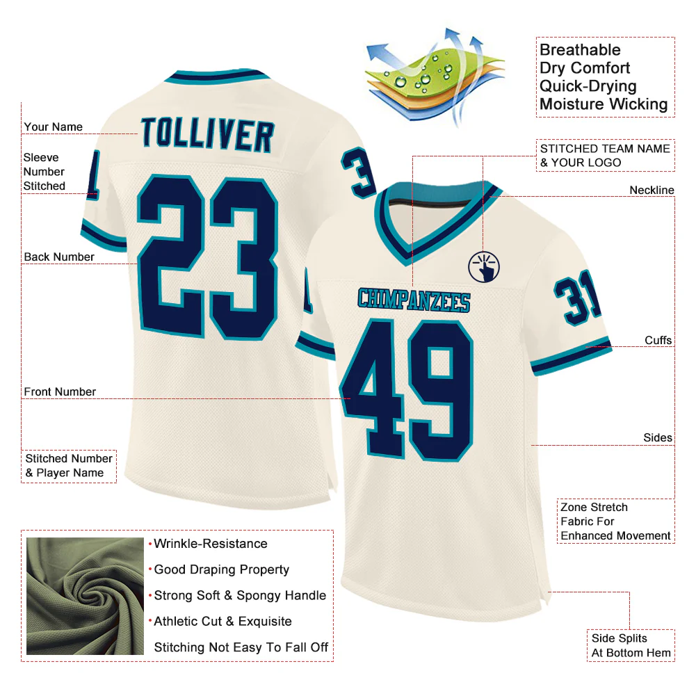 Custom Cream Navy-Teal Mesh Authentic Throwback Football Jersey